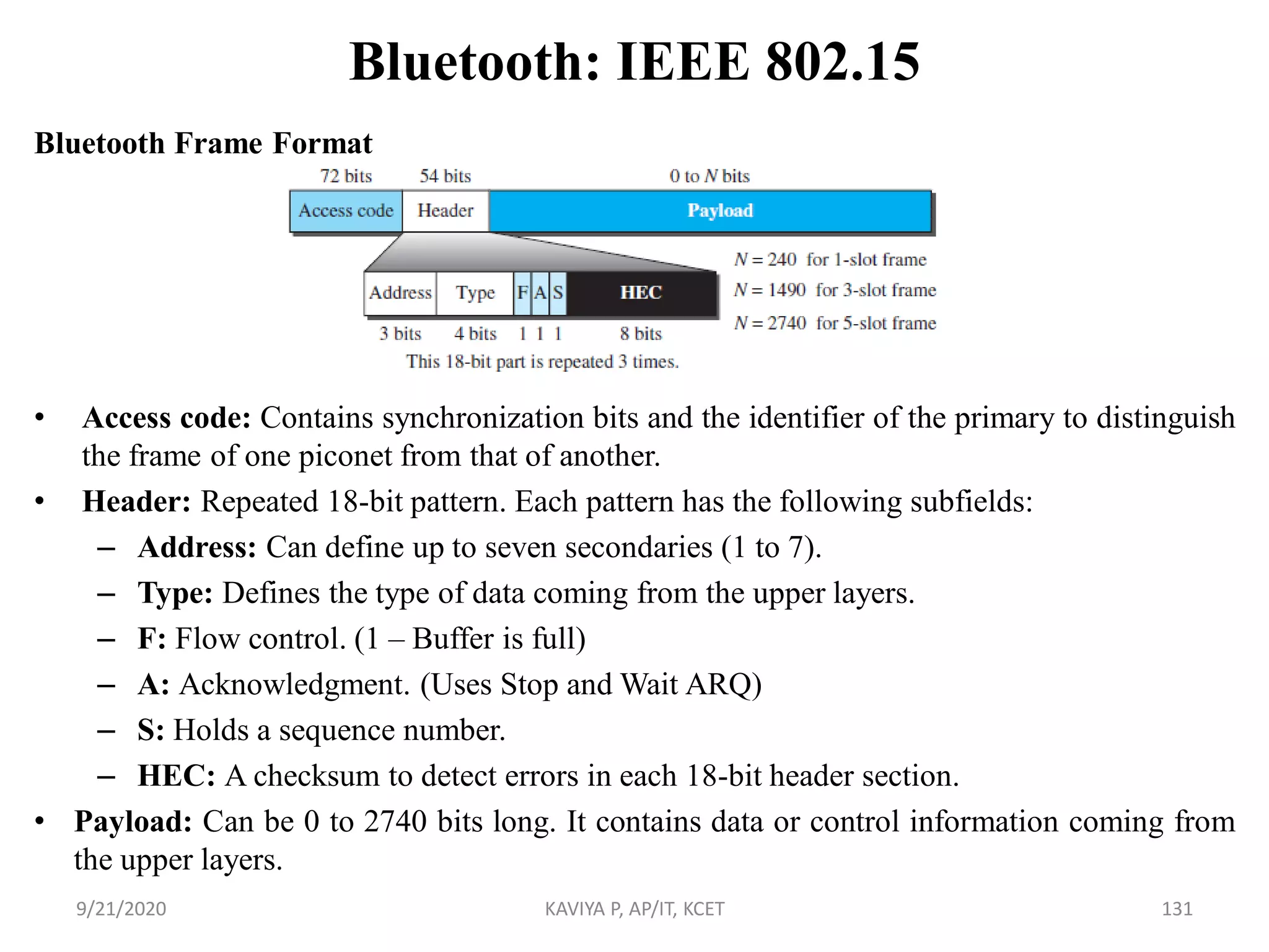 Bluetooth: IEEE 802.15
Bluetooth Frame Format
• Access code: Contains synchronization bits and the identifier of the primary to distinguish
the frame of one piconet from that of another.
• Header: Repeated 18-bit pattern. Each pattern has the following subfields:
– Address: Can define up to seven secondaries (1 to 7).
– Type: Defines the type of data coming from the upper layers.
– F: Flow control. (1 – Buffer is full)
– A: Acknowledgment. (Uses Stop and Wait ARQ)
– S: Holds a sequence number.
– HEC: A checksum to detect errors in each 18-bit header section.
• Payload: Can be 0 to 2740 bits long. It contains data or control information coming from
the upper layers.
9/21/2020 KAVIYA P, AP/IT, KCET 131
 
