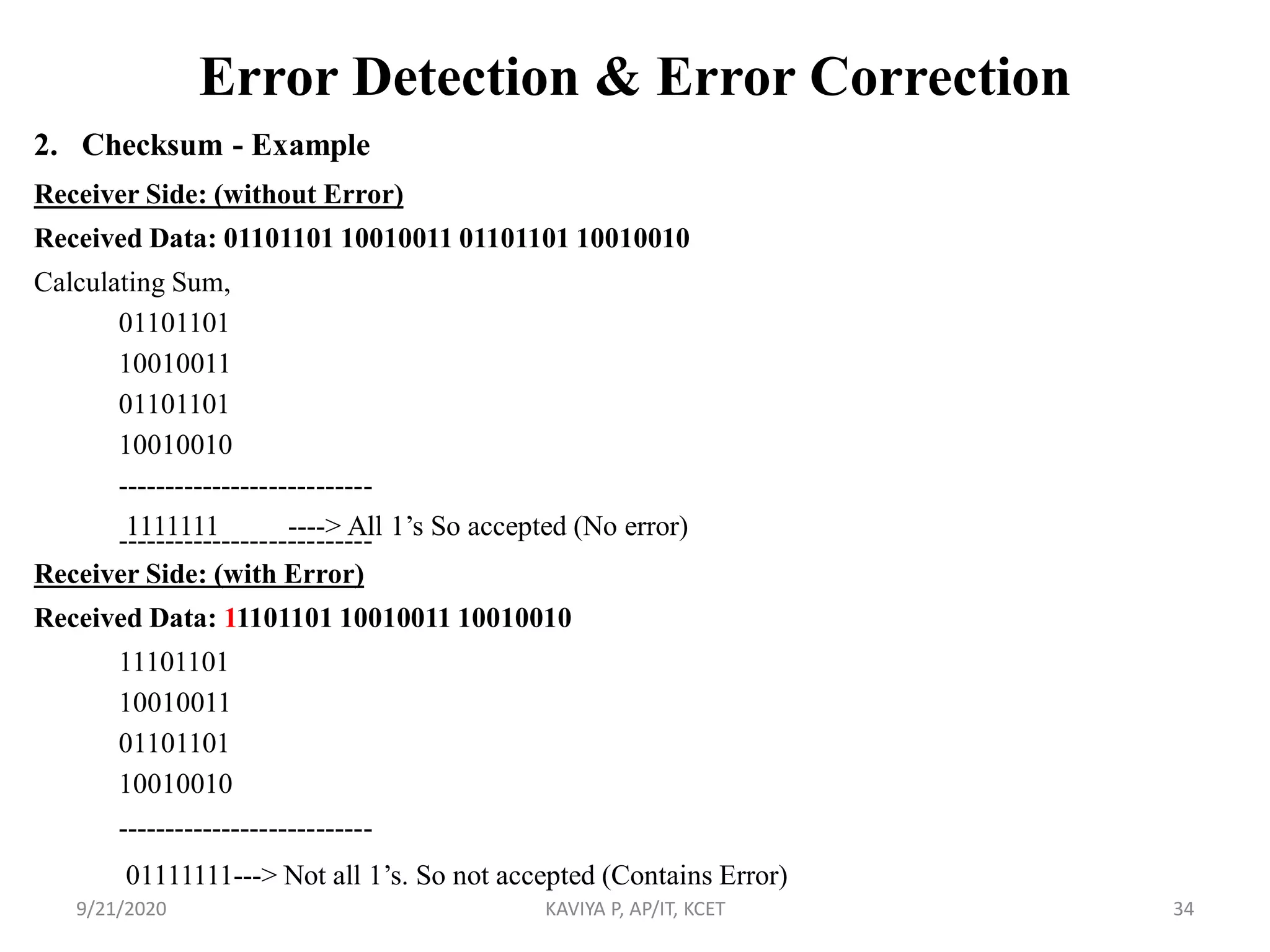 Error Detection & Error Correction
2. Checksum - Example
Receiver Side: (without Error)
Received Data: 01101101 10010011 01101101 10010010
Calculating Sum,
01101101
10010011
01101101
10010010
---------------------------
1111111 ----> All 1‟s So accepted (No error)---------------------------
Receiver Side: (with Error)
Received Data: 11101101 10010011 10010010
11101101
10010011
01101101
10010010
---------------------------
01111111---> Not all 1‟s. So not accepted (Contains Error)
9/21/2020 KAVIYA P, AP/IT, KCET 34
 