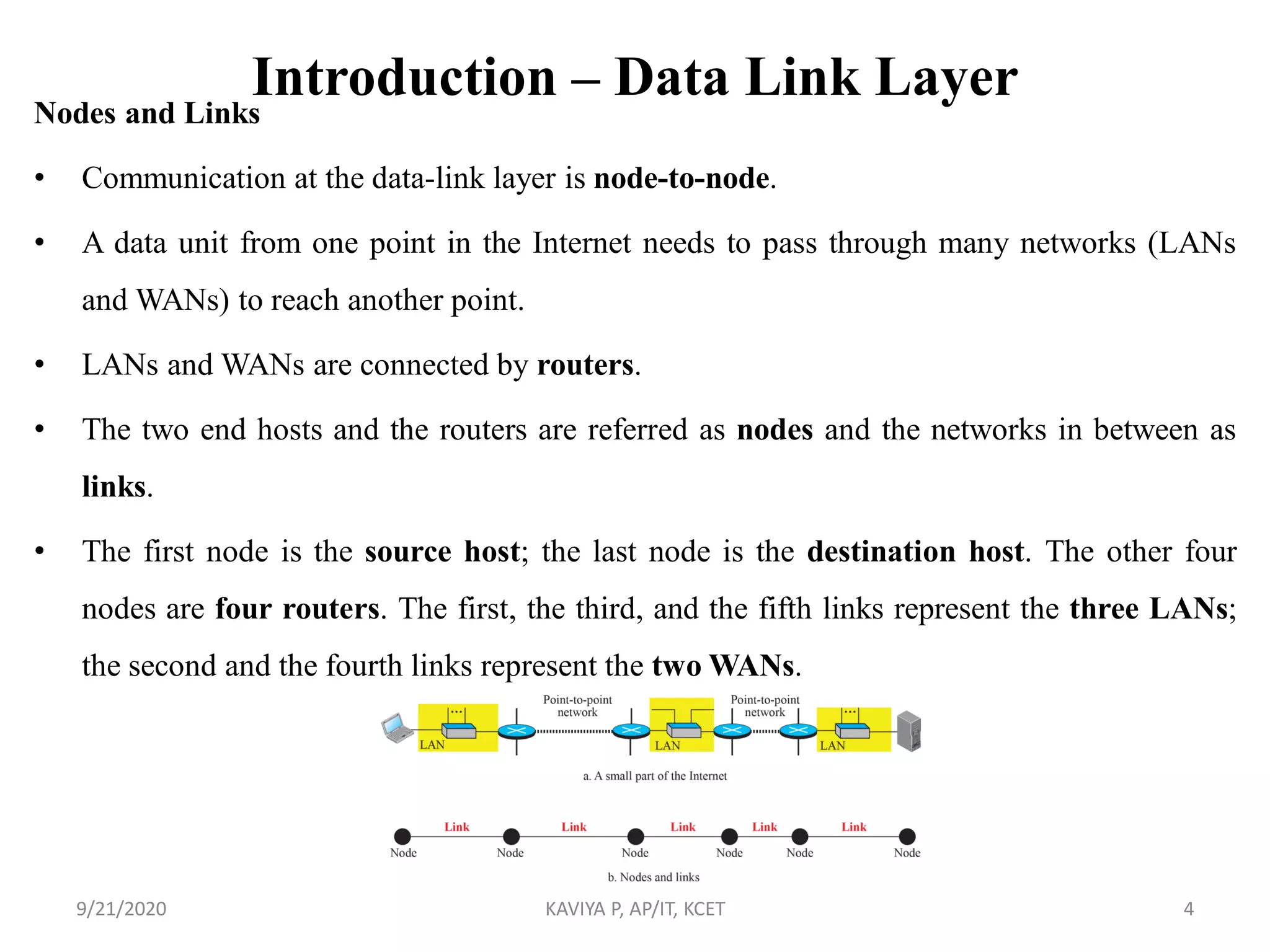 Introduction – Data Link Layer
Nodes and Links
• Communication at the data-link layer is node-to-node.
• A data unit from one point in the Internet needs to pass through many networks (LANs
and WANs) to reach another point.
• LANs and WANs are connected by routers.
• The two end hosts and the routers are referred as nodes and the networks in between as
links.
• The first node is the source host; the last node is the destination host. The other four
nodes are four routers. The first, the third, and the fifth links represent the three LANs;
the second and the fourth links represent the two WANs.
9/21/2020 KAVIYA P, AP/IT, KCET 4
 