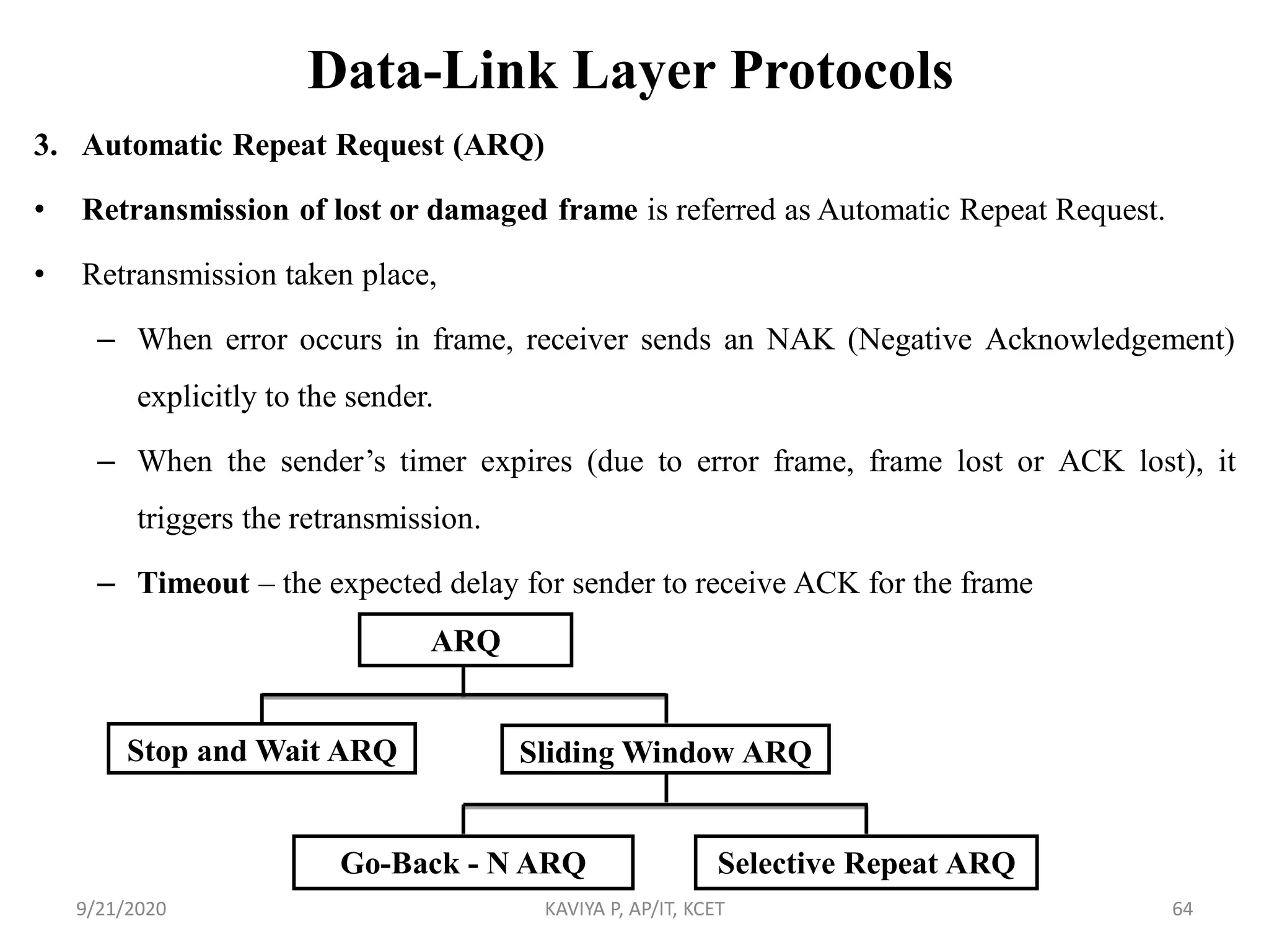Data-Link Layer Protocols
3. Automatic Repeat Request (ARQ)
• Retransmission of lost or damaged frame is referred as Automatic Repeat Request.
• Retransmission taken place,
– When error occurs in frame, receiver sends an NAK (Negative Acknowledgement)
explicitly to the sender.
– When the sender‟s timer expires (due to error frame, frame lost or ACK lost), it
triggers the retransmission.
– Timeout – the expected delay for sender to receive ACK for the frame
9/21/2020 KAVIYA P, AP/IT, KCET 64
Selective Repeat ARQ
Sliding Window ARQStop and Wait ARQ
ARQ
Go-Back - N ARQ
 