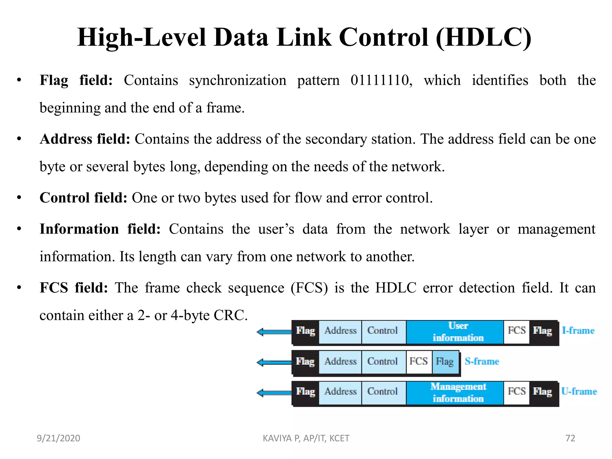 High-Level Data Link Control (HDLC)
• Flag field: Contains synchronization pattern 01111110, which identifies both the
beginning and the end of a frame.
• Address field: Contains the address of the secondary station. The address field can be one
byte or several bytes long, depending on the needs of the network.
• Control field: One or two bytes used for flow and error control.
• Information field: Contains the user‟s data from the network layer or management
information. Its length can vary from one network to another.
• FCS field: The frame check sequence (FCS) is the HDLC error detection field. It can
contain either a 2- or 4-byte CRC.
9/21/2020 KAVIYA P, AP/IT, KCET 72
 