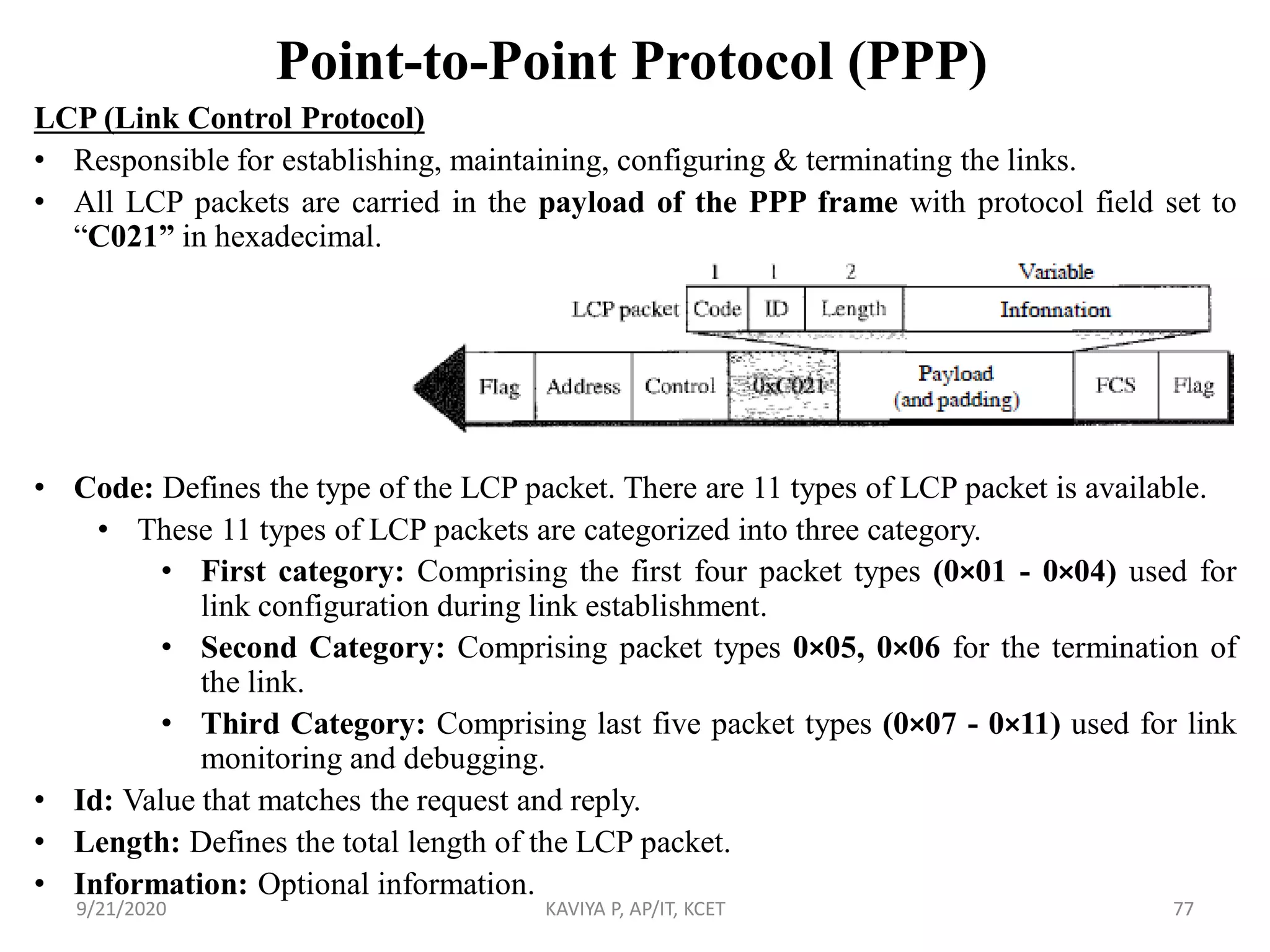 Point-to-Point Protocol (PPP)
LCP (Link Control Protocol)
• Responsible for establishing, maintaining, configuring & terminating the links.
• All LCP packets are carried in the payload of the PPP frame with protocol field set to
“C021” in hexadecimal.
• Code: Defines the type of the LCP packet. There are 11 types of LCP packet is available.
• These 11 types of LCP packets are categorized into three category.
• First category: Comprising the first four packet types (0×01 - 0×04) used for
link configuration during link establishment.
• Second Category: Comprising packet types 0×05, 0×06 for the termination of
the link.
• Third Category: Comprising last five packet types (0×07 - 0×11) used for link
monitoring and debugging.
• Id: Value that matches the request and reply.
• Length: Defines the total length of the LCP packet.
• Information: Optional information.
9/21/2020 KAVIYA P, AP/IT, KCET 77
 