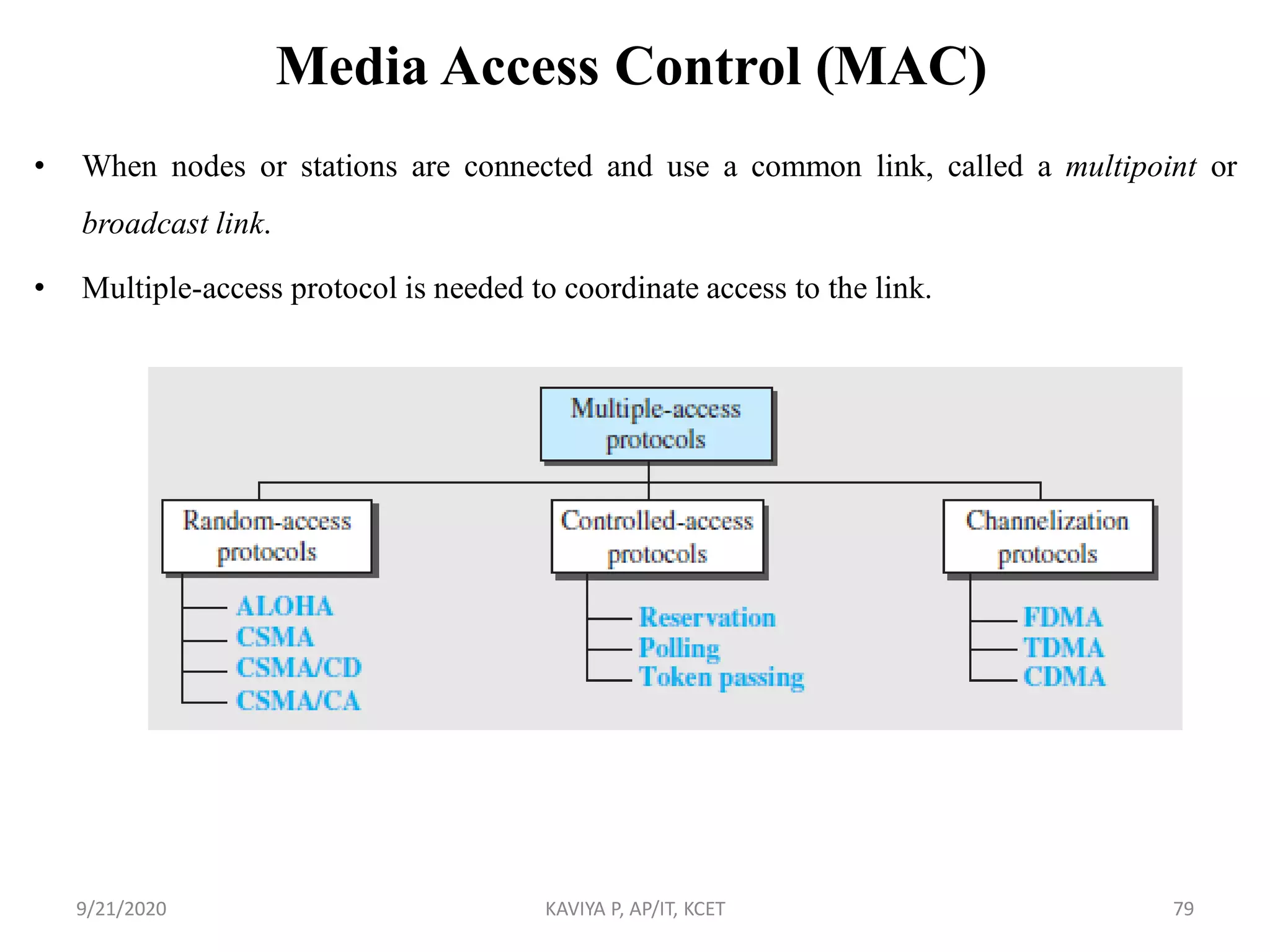 Media Access Control (MAC)
• When nodes or stations are connected and use a common link, called a multipoint or
broadcast link.
• Multiple-access protocol is needed to coordinate access to the link.
9/21/2020 KAVIYA P, AP/IT, KCET 79
 