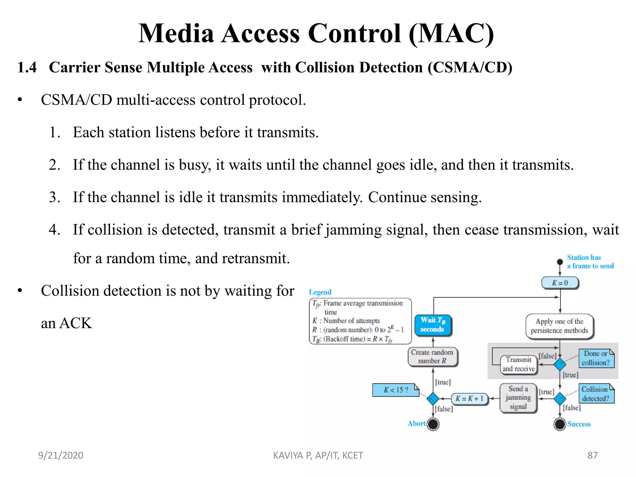 Media Access Control (MAC)
1.4 Carrier Sense Multiple Access with Collision Detection (CSMA/CD)
• CSMA/CD multi-access control protocol.
1. Each station listens before it transmits.
2. If the channel is busy, it waits until the channel goes idle, and then it transmits.
3. If the channel is idle it transmits immediately. Continue sensing.
4. If collision is detected, transmit a brief jamming signal, then cease transmission, wait
for a random time, and retransmit.
• Collision detection is not by waiting for
an ACK
9/21/2020 KAVIYA P, AP/IT, KCET 87
 