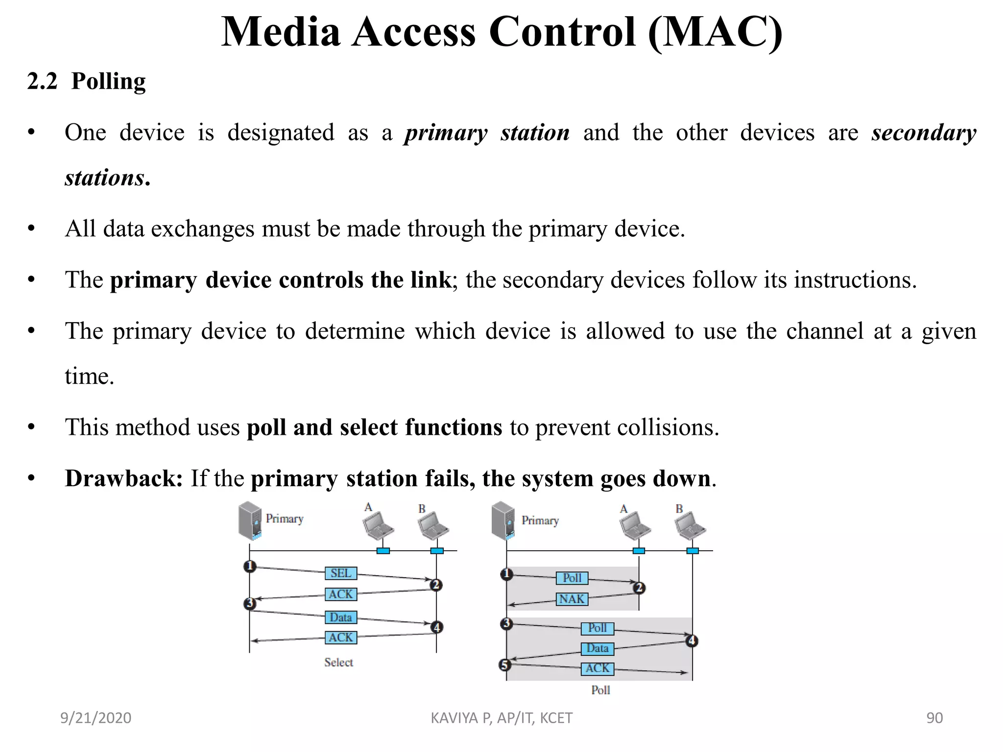 Media Access Control (MAC)
2.2 Polling
• One device is designated as a primary station and the other devices are secondary
stations.
• All data exchanges must be made through the primary device.
• The primary device controls the link; the secondary devices follow its instructions.
• The primary device to determine which device is allowed to use the channel at a given
time.
• This method uses poll and select functions to prevent collisions.
• Drawback: If the primary station fails, the system goes down.
9/21/2020 KAVIYA P, AP/IT, KCET 90
 