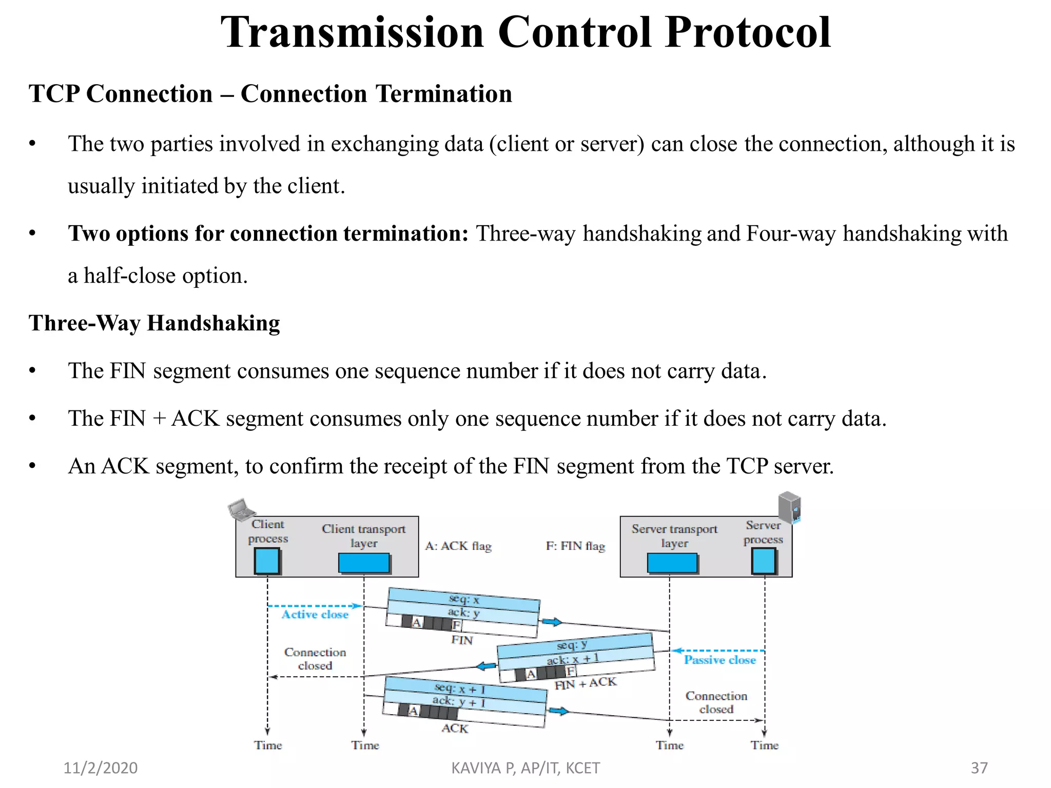 Transmission Control Protocol
TCP Connection – Connection Termination
• The two parties involved in exchanging data (client or server) can close the connection, although it is
usually initiated by the client.
• Two options for connection termination: Three-way handshaking and Four-way handshaking with
a half-close option.
Three-Way Handshaking
• The FIN segment consumes one sequence number if it does not carry data.
• The FIN + ACK segment consumes only one sequence number if it does not carry data.
• An ACK segment, to confirm the receipt of the FIN segment from the TCP server.
11/2/2020 KAVIYA P, AP/IT, KCET 37
 