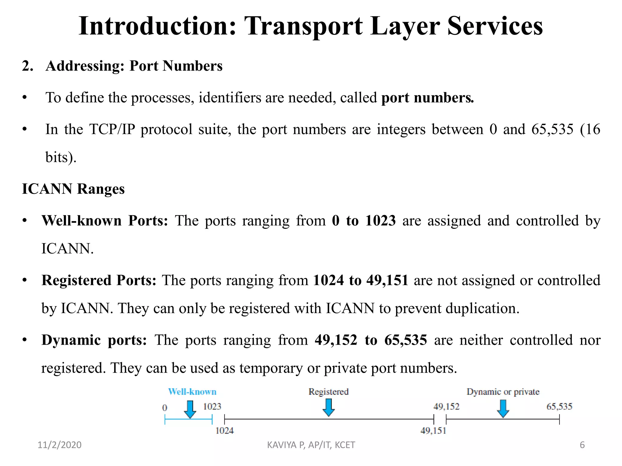 Introduction: Transport Layer Services
2. Addressing: Port Numbers
• To define the processes, identifiers are needed, called port numbers.
• In the TCP/IP protocol suite, the port numbers are integers between 0 and 65,535 (16
bits).
ICANN Ranges
• Well-known Ports: The ports ranging from 0 to 1023 are assigned and controlled by
ICANN.
• Registered Ports: The ports ranging from 1024 to 49,151 are not assigned or controlled
by ICANN. They can only be registered with ICANN to prevent duplication.
• Dynamic ports: The ports ranging from 49,152 to 65,535 are neither controlled nor
registered. They can be used as temporary or private port numbers.
11/2/2020 KAVIYA P, AP/IT, KCET 6
 