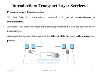 Introduction: Transport Layer Services
1. Process-to-process Communication
• The first duty of a transport-layer protocol is to provide process-to-process
communication.
• A process is an application-layer entity (running program) that uses the services of the
transport layer.
• A transport-layer protocol is responsible for delivery of the message to the appropriate
process.
11/2/2020 KAVIYA P, AP/IT, KCET 5
 