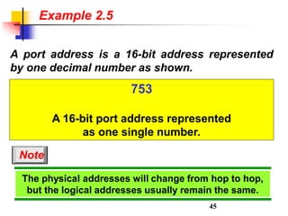 Example 2.5
A port address is a 16-bit address represented
by one decimal number as shown.
753
A 16-bit port address represented
as one single number.
The physical addresses will change from hop to hop,
but the logical addresses usually remain the same.
Note
45
 