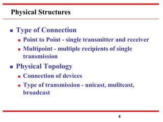 Physical Structures
 Type of Connection
 Point to Point - single transmitter and receiver
 Multipoint - multiple recipients of single
transmission
 Physical Topology
 Connection of devices
 Type of transmission - unicast, mulitcast,
broadcast
8
 