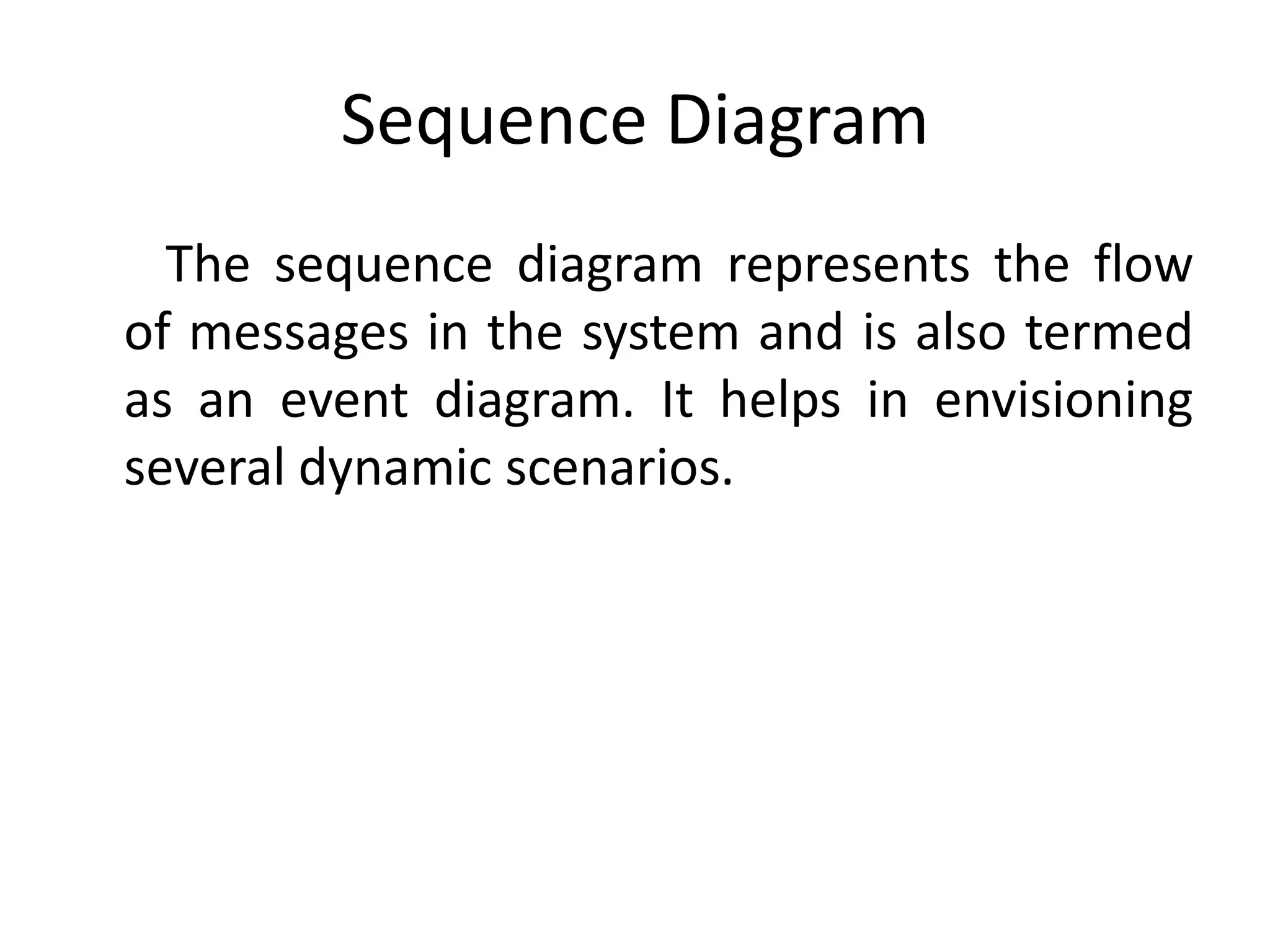 Sequence Diagram
The sequence diagram represents the flow
of messages in the system and is also termed
as an event diagram. It helps in envisioning
several dynamic scenarios.
 