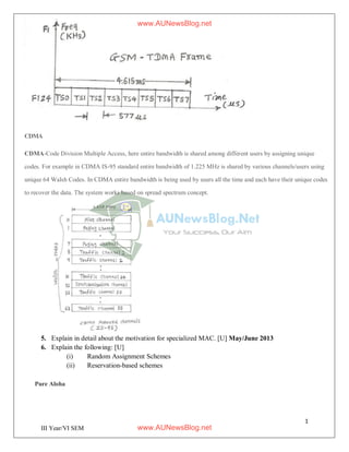 1
1
III Year/VI SEM
CDMA
CDMA-Code Division Multiple Access, here entire bandwidth is shared among different users by assigning unique
codes. For example in CDMA IS-95 standard entire bandwidth of 1.225 MHz is shared by various channels/users using
unique 64 Walsh Codes. In CDMA entire bandwidth is being used by users all the time and each have their unique codes
to recover the data. The system works based on spread spectrum concept.
5. Explain in detail about the motivation for specialized MAC. [U] May/June 2013
6. Explain the following: [U]
(i) Random Assignment Schemes
(ii) Reservation-based schemes
Pure Aloha
www.AUNewsBlog.net
www.AUNewsBlog.net
 