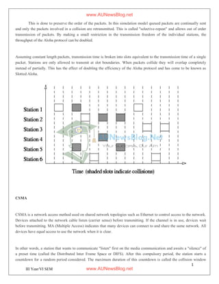 1
3
III Year/VI SEM
This is done to preserve the order of the packets. In this simulation model queued packets are continually sent
and only the packets involved in a collision are retransmitted. This is called "selective-repeat" and allows out of order
transmission of packets. By making a small restriction in the transmission freedom of the individual stations, the
throughput of the Aloha protocol can be doubled.
Assuming constant length packets, transmission time is broken into slots equivalent to the transmission time of a single
packet. Stations are only allowed to transmit at slot boundaries. When packets collide they will overlap completely
instead of partially. This has the effect of doubling the efficiency of the Aloha protocol and has come to be known as
Slotted Aloha.
CSMA
CSMA is a network access method used on shared network topologies such as Ethernet to control access to the network.
Devices attached to the network cable listen (carrier sense) before transmitting. If the channel is in use, devices wait
before transmitting. MA (Multiple Access) indicates that many devices can connect to and share the same network. All
devices have equal access to use the network when it is clear.
In other words, a station that wants to communicate "listen" first on the media communication and awaits a "silence" of
a preset time (called the Distributed Inter Frame Space or DIFS). After this compulsory period, the station starts a
countdown for a random period considered. The maximum duration of this countdown is called the collision window
www.AUNewsBlog.net
www.AUNewsBlog.net
 