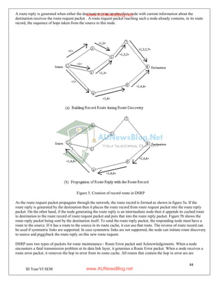 44
III Year/VI SEM
A route reply is generated when either the destination or an intermediate node with current information about the
destination receives the route request packet . A route request packet reaching such a node already contains, in its route
record, the sequence of hops taken from the source to this node.
Figure 5. Creation of record route in DSRP
As the route request packet propagates through the network, the route record is formed as shown in figure 5a. If the
route reply is generated by the destination then it places the route record from route request packet into the route reply
packet. On the other hand, if the node generating the route reply is an intermediate node then it appends its cached route
to destination to the route record of route request packet and puts that into the route reply packet. Figure 5b shows the
route reply packet being sent by the destination itself. To send the route reply packet, the responding node must have a
route to the source. If it has a route to the source in its route cache, it can use that route. The reverse of route record can
be used if symmetric links are supported. In case symmetric links are not supported, the node can initiate route discovery
to source and piggyback the route reply on this new route request.
DSRP uses two types of packets for route maintenance:- Route Error packet and Acknowledgements. When a node
encounters a fatal transmission problem at its data link layer, it generates a Route Error packet. When a node receives a
route error packet, it removes the hop in error from its route cache. All routes that contain the hop in error are are
www.AUNewsBlog.net
www.AUNewsBlog.net
 