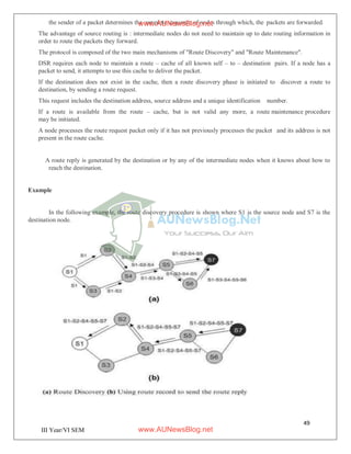 49
III Year/VI SEM
the sender of a packet determines the complete sequence of nodes through which, the packets are forwarded.
The advantage of source routing is : intermediate nodes do not need to maintain up to date routing information in
order to route the packets they forward.
The protocol is composed of the two main mechanisms of "Route Discovery" and "Route Maintenance".
DSR requires each node to maintain a route – cache of all known self – to – destination pairs. If a node has a
packet to send, it attempts to use this cache to deliver the packet.
If the destination does not exist in the cache, then a route discovery phase is initiated to discover a route to
destination, by sending a route request.
This request includes the destination address, source address and a unique identification number.
If a route is available from the route – cache, but is not valid any more, a route maintenance procedure
may be initiated.
A node processes the route request packet only if it has not previously processes the packet and its address is not
present in the route cache.
A route reply is generated by the destination or by any of the intermediate nodes when it knows about how to
reach the destination.
Example
In the following example, the route discovery procedure is shown where S1 is the source node and S7 is the
destination node.
www.AUNewsBlog.net
www.AUNewsBlog.net
 