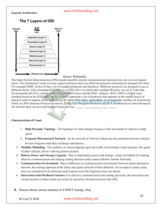 53
III Year/VI SEM
Layered Architecture
Source: Webopedia
The Open System Interconnection (OSI) model classifies similar communication functions into one of seven logical
layers. The architecture varies in every region and hence there are different protocols and interfaces designed for them.
For example DSRC in the US has a set of standard protocols and interfaces. Different protocols are designed to use at
different layers. After amending IEEE 802.11 to IEEE 802.11p which adds standard Wireless Access in Vehicular
Environments (WAVE), mainly to the physical (PHY) layer and the MAC sublayer. IEEE 1609 is a higher layer
standard based on the IEEE 802.11p. IEEE 1609, represents a set of protocols that operates in the middle layers of
protocol stack to support safety applications in vanets. Non safety applications are presented by another set of protocols
which are IPv6 (Internet Protocol version 6), UDP (User Datagram Protocol) and TCP (Transmission Control Protocol)
for network layer services and transport layer services.
Characteristics of Vanet
1. High Dynamic Topology– The topology of vanet changes because of the movement of vehicles at high
speed.
2. Frequent Disconnected Network– As the network of vehicles widens the disconnection between vehicles
become frequent when they exchange information.
3. Mobility Modelling– The mobility of vehicle depends upon the traffic environment, roads structure, the speed
of other vehicles, driver’s driving pattern etcetera.
4. Battery Power and Storage Capacity– Due to high battery power and storage, vanets are helpful for making
effective communication and making routing decision unlike manet (Mobile Ad-hoc Network)
5. Communication Environment– Due to difference in communication environment between dense and sparse
network, the routing approach of the dense and sparse network will be different. For example in dense areas,
trees are considered to be obstacles and in sparse areas like highways trees are absent.
6. Interaction with On-Board Sensors- For effective communication and routing decisions, the movement and
current position of these nodes can easily be sensed by On-Board sensors like GPS.
8. Discuss about various schemes in VANET routing. [An]
www.AUNewsBlog.net
www.AUNewsBlog.net
 