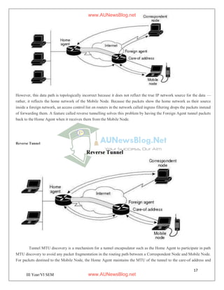 17
III Year/VI SEM
However, this data path is topologically incorrect because it does not reflect the true IP network source for the data —
rather, it reflects the home network of the Mobile Node. Because the packets show the home network as their source
inside a foreign network, an access control list on routers in the network called ingress filtering drops the packets instead
of forwarding them. A feature called reverse tunnelling solves this problem by having the Foreign Agent tunnel packets
back to the Home Agent when it receives them from the Mobile Node.
Reverse Tunnel
Tunnel MTU discovery is a mechanism for a tunnel encapsulator such as the Home Agent to participate in path
MTU discovery to avoid any packet fragmentation in the routing path between a Correspondent Node and Mobile Node.
For packets destined to the Mobile Node, the Home Agent maintains the MTU of the tunnel to the care-of address and
www.AUNewsBlog.net
www.AUNewsBlog.net
 