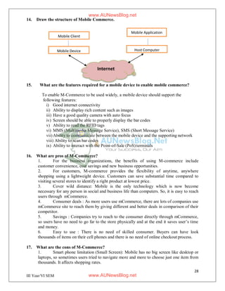28
III Year/VI SEM
Mobile Client
Mobile Device Host Computer
Internet
14. Draw the structure of Mobile Commerce.
15. What are the features required for a mobile device to enable mobile commerce?
To enable M-Commerce to be used widely, a mobile device should support the
following features:
i) Good internet connectivity
ii) Ability to display rich content such as images
iii) Have a good quality camera with auto focus
iv) Screen should be able to properly display the bar codes
v) Ability to read the RFID tags
vi) MMS (Multimedia Message Service), SMS (Short Message Service)
vii)Ability to communicate between the mobile device and the supporting network
viii) Ability to scan bar codes
ix) Ability to interact with the Point-of-Sale (PoS) terminals
16. What are pros of M-Commerce?
1. For the business organizations, the benefits of using M-commerce include
customer convenience, cost savings and new business opportunities.
2. For customers, M-commerce provides the flexibility of anytime, anywhere
shopping using a lightweight device. Customers can save substantial time compared to
visiting several stores to identify a right product at lowest price.
3. Cover wild distance: Mobile is the only technology which is now become
necessary for any person in social and business life than computers. So, it is easy to reach
users through mCommerce.
4. Consumer deals : As more users use mCommerce, there are lots of companies use
mCommerce site to reach them by giving different and better deals in comparison of their
competitor.
5. Savings : Companies try to reach to the consumer directly through mCommerce,
so users have no need to go far to the store physically and at the end it saves user’s time
and money.
6. Easy to use : There is no need of skilled consumer. Buyers can have look
thousands of items on their cell phones and there is no need of online checkout process.
17. What are the cons of M-Commerce?
1. Smart phone limitation (Small Screen): Mobile has no big screen like desktop or
laptops, so sometimes users tried to navigate more and more to choose just one item from
thousands. It affects shopping rates.
Mobile Application
www.AUNewsBlog.net
www.AUNewsBlog.net
 