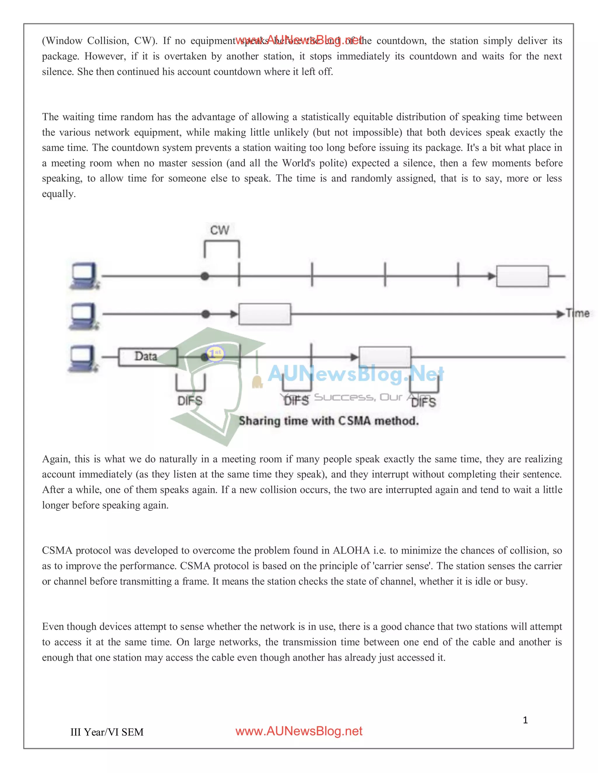 1
4
III Year/VI SEM
(Window Collision, CW). If no equipment speaks before the end of the countdown, the station simply deliver its
package. However, if it is overtaken by another station, it stops immediately its countdown and waits for the next
silence. She then continued his account countdown where it left off.
The waiting time random has the advantage of allowing a statistically equitable distribution of speaking time between
the various network equipment, while making little unlikely (but not impossible) that both devices speak exactly the
same time. The countdown system prevents a station waiting too long before issuing its package. It's a bit what place in
a meeting room when no master session (and all the World's polite) expected a silence, then a few moments before
speaking, to allow time for someone else to speak. The time is and randomly assigned, that is to say, more or less
equally.
Again, this is what we do naturally in a meeting room if many people speak exactly the same time, they are realizing
account immediately (as they listen at the same time they speak), and they interrupt without completing their sentence.
After a while, one of them speaks again. If a new collision occurs, the two are interrupted again and tend to wait a little
longer before speaking again.
CSMA protocol was developed to overcome the problem found in ALOHA i.e. to minimize the chances of collision, so
as to improve the performance. CSMA protocol is based on the principle of 'carrier sense'. The station senses the carrier
or channel before transmitting a frame. It means the station checks the state of channel, whether it is idle or busy.
Even though devices attempt to sense whether the network is in use, there is a good chance that two stations will attempt
to access it at the same time. On large networks, the transmission time between one end of the cable and another is
enough that one station may access the cable even though another has already just accessed it.
www.AUNewsBlog.net
www.AUNewsBlog.net
 