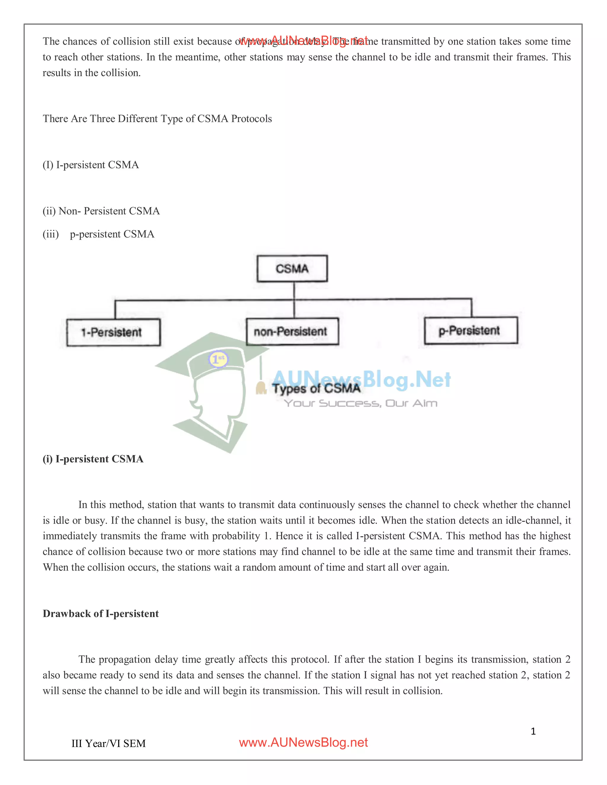 1
5
III Year/VI SEM
The chances of collision still exist because of propagation delay. The frame transmitted by one station takes some time
to reach other stations. In the meantime, other stations may sense the channel to be idle and transmit their frames. This
results in the collision.
There Are Three Different Type of CSMA Protocols
(I) I-persistent CSMA
(ii) Non- Persistent CSMA
(iii) p-persistent CSMA
(i) I-persistent CSMA
In this method, station that wants to transmit data continuously senses the channel to check whether the channel
is idle or busy. If the channel is busy, the station waits until it becomes idle. When the station detects an idle-channel, it
immediately transmits the frame with probability 1. Hence it is called I-persistent CSMA. This method has the highest
chance of collision because two or more stations may find channel to be idle at the same time and transmit their frames.
When the collision occurs, the stations wait a random amount of time and start all over again.
Drawback of I-persistent
The propagation delay time greatly affects this protocol. If after the station I begins its transmission, station 2
also became ready to send its data and senses the channel. If the station I signal has not yet reached station 2, station 2
will sense the channel to be idle and will begin its transmission. This will result in collision.
www.AUNewsBlog.net
www.AUNewsBlog.net
 