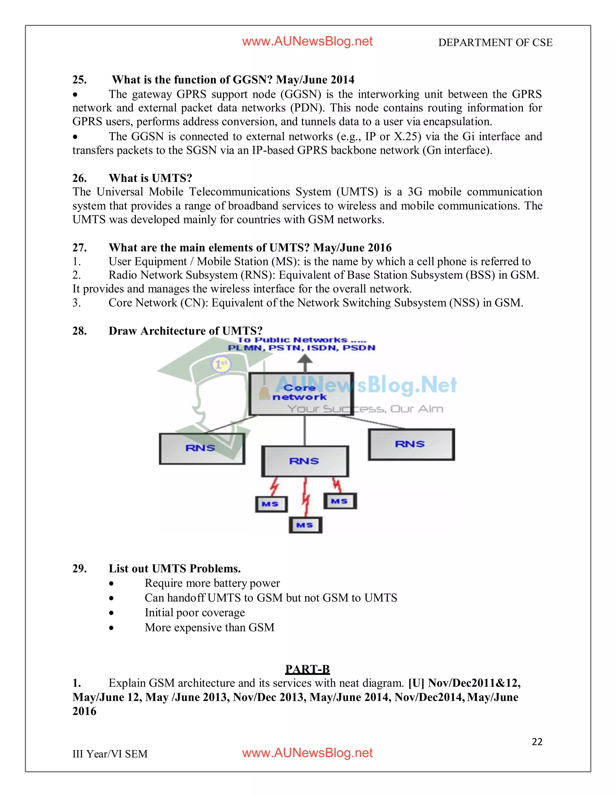 22
III Year/VI SEM
DEPARTMENT OF CSE
25. What is the function of GGSN? May/June 2014
 The gateway GPRS support node (GGSN) is the interworking unit between the GPRS
network and external packet data networks (PDN). This node contains routing information for
GPRS users, performs address conversion, and tunnels data to a user via encapsulation.
 The GGSN is connected to external networks (e.g., IP or X.25) via the Gi interface and
transfers packets to the SGSN via an IP-based GPRS backbone network (Gn interface).
26. What is UMTS?
The Universal Mobile Telecommunications System (UMTS) is a 3G mobile communication
system that provides a range of broadband services to wireless and mobile communications. The
UMTS was developed mainly for countries with GSM networks.
27. What are the main elements of UMTS? May/June 2016
1. User Equipment / Mobile Station (MS): is the name by which a cell phone is referred to
2. Radio Network Subsystem (RNS): Equivalent of Base Station Subsystem (BSS) in GSM.
It provides and manages the wireless interface for the overall network.
3. Core Network (CN): Equivalent of the Network Switching Subsystem (NSS) in GSM.
28. Draw Architecture of UMTS?
29. List out UMTS Problems.
 Require more battery power
 Can handoff UMTS to GSM but not GSM to UMTS
 Initial poor coverage
 More expensive than GSM
PART-B
1. Explain GSM architecture and its services with neat diagram. [U] Nov/Dec2011&12,
May/June 12, May /June 2013, Nov/Dec 2013, May/June 2014, Nov/Dec2014, May/June
2016
www.AUNewsBlog.net
www.AUNewsBlog.net
 