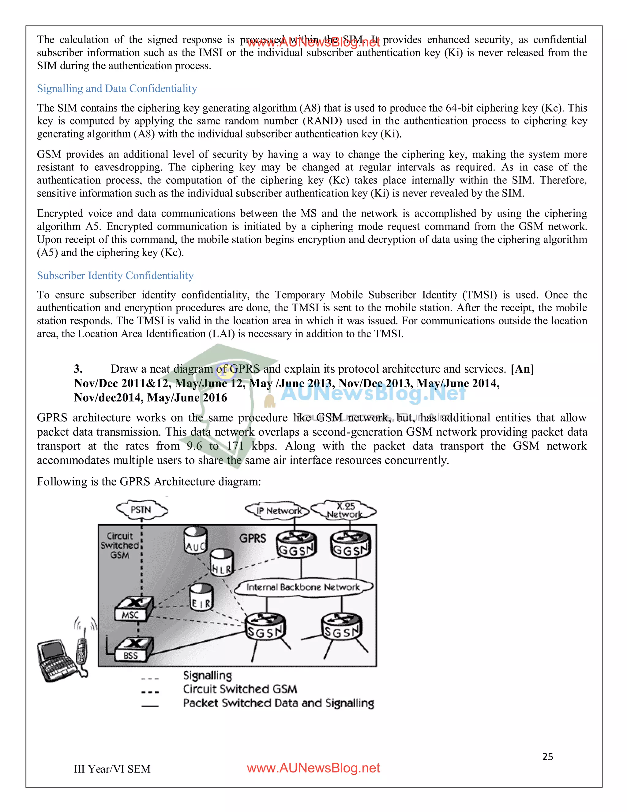 25
III Year/VI SEM
The calculation of the signed response is processed within the SIM. It provides enhanced security, as confidential
subscriber information such as the IMSI or the individual subscriber authentication key (Ki) is never released from the
SIM during the authentication process.
Signalling and Data Confidentiality
The SIM contains the ciphering key generating algorithm (A8) that is used to produce the 64-bit ciphering key (Kc). This
key is computed by applying the same random number (RAND) used in the authentication process to ciphering key
generating algorithm (A8) with the individual subscriber authentication key (Ki).
GSM provides an additional level of security by having a way to change the ciphering key, making the system more
resistant to eavesdropping. The ciphering key may be changed at regular intervals as required. As in case of the
authentication process, the computation of the ciphering key (Kc) takes place internally within the SIM. Therefore,
sensitive information such as the individual subscriber authentication key (Ki) is never revealed by the SIM.
Encrypted voice and data communications between the MS and the network is accomplished by using the ciphering
algorithm A5. Encrypted communication is initiated by a ciphering mode request command from the GSM network.
Upon receipt of this command, the mobile station begins encryption and decryption of data using the ciphering algorithm
(A5) and the ciphering key (Kc).
Subscriber Identity Confidentiality
To ensure subscriber identity confidentiality, the Temporary Mobile Subscriber Identity (TMSI) is used. Once the
authentication and encryption procedures are done, the TMSI is sent to the mobile station. After the receipt, the mobile
station responds. The TMSI is valid in the location area in which it was issued. For communications outside the location
area, the Location Area Identification (LAI) is necessary in addition to the TMSI.
3. Draw a neat diagram of GPRS and explain its protocol architecture and services. [An]
Nov/Dec 2011&12, May/June 12, May /June 2013, Nov/Dec 2013, May/June 2014,
Nov/dec2014, May/June 2016
GPRS architecture works on the same procedure like GSM network, but, has additional entities that allow
packet data transmission. This data network overlaps a second-generation GSM network providing packet data
transport at the rates from 9.6 to 171 kbps. Along with the packet data transport the GSM network
accommodates multiple users to share the same air interface resources concurrently.
Following is the GPRS Architecture diagram:
www.AUNewsBlog.net
www.AUNewsBlog.net
 