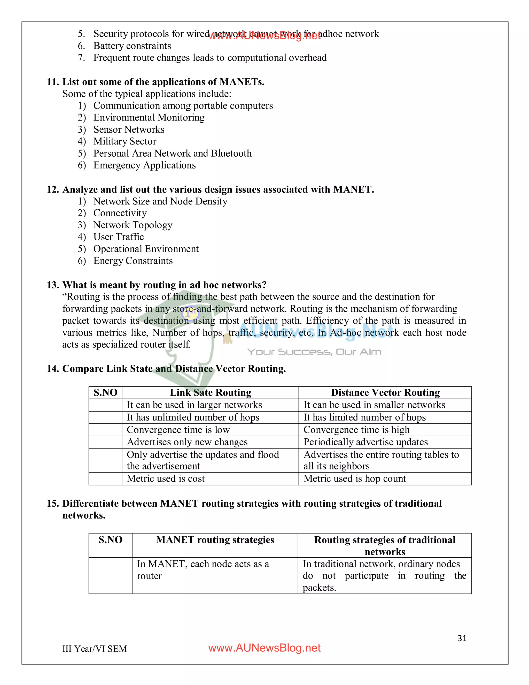 31
III Year/VI SEM
5. Security protocols for wired network cannot work for adhoc network
6. Battery constraints
7. Frequent route changes leads to computational overhead
11. List out some of the applications of MANETs.
Some of the typical applications include:
1) Communication among portable computers
2) Environmental Monitoring
3) Sensor Networks
4) Military Sector
5) Personal Area Network and Bluetooth
6) Emergency Applications
12. Analyze and list out the various design issues associated with MANET.
1) Network Size and Node Density
2) Connectivity
3) Network Topology
4) User Traffic
5) Operational Environment
6) Energy Constraints
13. What is meant by routing in ad hoc networks?
“Routing is the process of finding the best path between the source and the destination for
forwarding packets in any store-and-forward network. Routing is the mechanism of forwarding
packet towards its destination using most efficient path. Efficiency of the path is measured in
various metrics like, Number of hops, traffic, security, etc. In Ad-hoc network each host node
acts as specialized router itself.
14. Compare Link State and Distance Vector Routing.
S.NO Link Sate Routing Distance Vector Routing
It can be used in larger networks It can be used in smaller networks
It has unlimited number of hops It has limited number of hops
Convergence time is low Convergence time is high
Advertises only new changes Periodically advertise updates
Only advertise the updates and flood
the advertisement
Advertises the entire routing tables to
all its neighbors
Metric used is cost Metric used is hop count
15. Differentiate between MANET routing strategies with routing strategies of traditional
networks.
S.NO MANET routing strategies Routing strategies of traditional
networks
In MANET, each node acts as a
router
In traditional network, ordinary nodes
do not participate in routing the
packets.
www.AUNewsBlog.net
www.AUNewsBlog.net
 