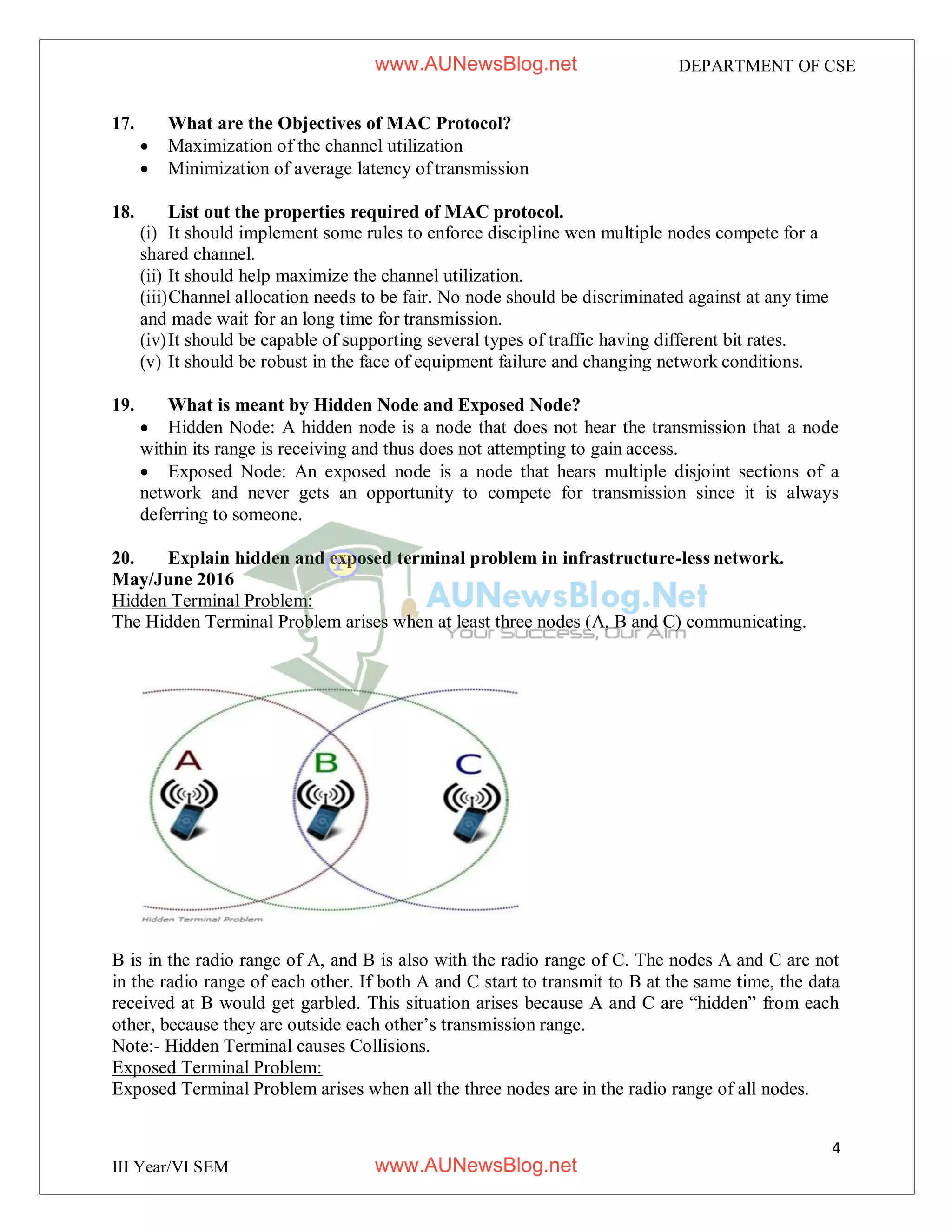 4
III Year/VI SEM
DEPARTMENT OF CSE
17. What are the Objectives of MAC Protocol?
 Maximization of the channel utilization
 Minimization of average latency of transmission
18. List out the properties required of MAC protocol.
(i) It should implement some rules to enforce discipline wen multiple nodes compete for a
shared channel.
(ii) It should help maximize the channel utilization.
(iii)Channel allocation needs to be fair. No node should be discriminated against at any time
and made wait for an long time for transmission.
(iv)It should be capable of supporting several types of traffic having different bit rates.
(v) It should be robust in the face of equipment failure and changing network conditions.
19. What is meant by Hidden Node and Exposed Node?
 Hidden Node: A hidden node is a node that does not hear the transmission that a node
within its range is receiving and thus does not attempting to gain access.
 Exposed Node: An exposed node is a node that hears multiple disjoint sections of a
network and never gets an opportunity to compete for transmission since it is always
deferring to someone.
20. Explain hidden and exposed terminal problem in infrastructure-less network.
May/June 2016
Hidden Terminal Problem:
The Hidden Terminal Problem arises when at least three nodes (A, B and C) communicating.
B is in the radio range of A, and B is also with the radio range of C. The nodes A and C are not
in the radio range of each other. If both A and C start to transmit to B at the same time, the data
received at B would get garbled. This situation arises because A and C are “hidden” from each
other, because they are outside each other’s transmission range.
Note:- Hidden Terminal causes Collisions.
Exposed Terminal Problem:
Exposed Terminal Problem arises when all the three nodes are in the radio range of all nodes.
www.AUNewsBlog.net
www.AUNewsBlog.net
 