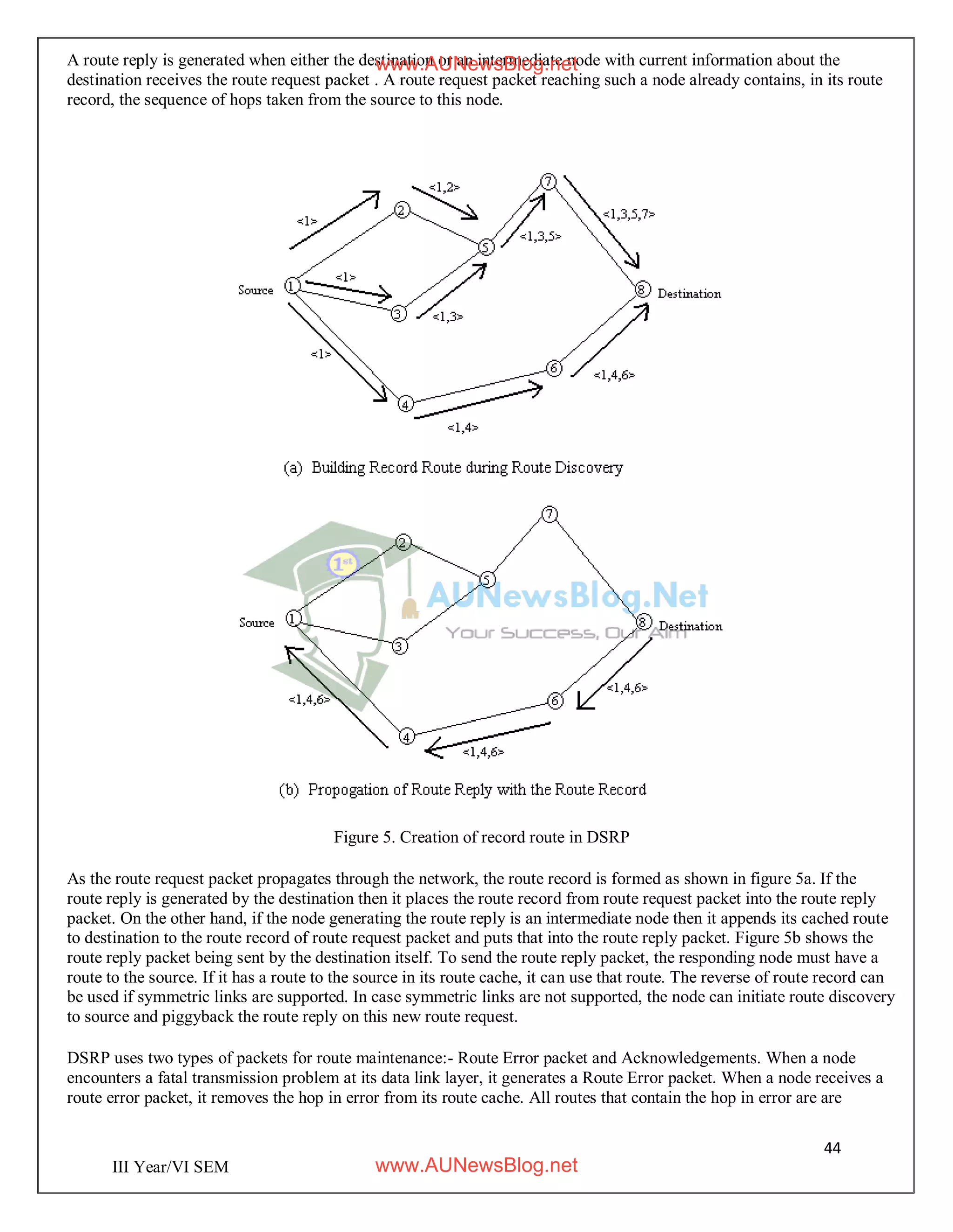 44
III Year/VI SEM
A route reply is generated when either the destination or an intermediate node with current information about the
destination receives the route request packet . A route request packet reaching such a node already contains, in its route
record, the sequence of hops taken from the source to this node.
Figure 5. Creation of record route in DSRP
As the route request packet propagates through the network, the route record is formed as shown in figure 5a. If the
route reply is generated by the destination then it places the route record from route request packet into the route reply
packet. On the other hand, if the node generating the route reply is an intermediate node then it appends its cached route
to destination to the route record of route request packet and puts that into the route reply packet. Figure 5b shows the
route reply packet being sent by the destination itself. To send the route reply packet, the responding node must have a
route to the source. If it has a route to the source in its route cache, it can use that route. The reverse of route record can
be used if symmetric links are supported. In case symmetric links are not supported, the node can initiate route discovery
to source and piggyback the route reply on this new route request.
DSRP uses two types of packets for route maintenance:- Route Error packet and Acknowledgements. When a node
encounters a fatal transmission problem at its data link layer, it generates a Route Error packet. When a node receives a
route error packet, it removes the hop in error from its route cache. All routes that contain the hop in error are are
www.AUNewsBlog.net
www.AUNewsBlog.net
 