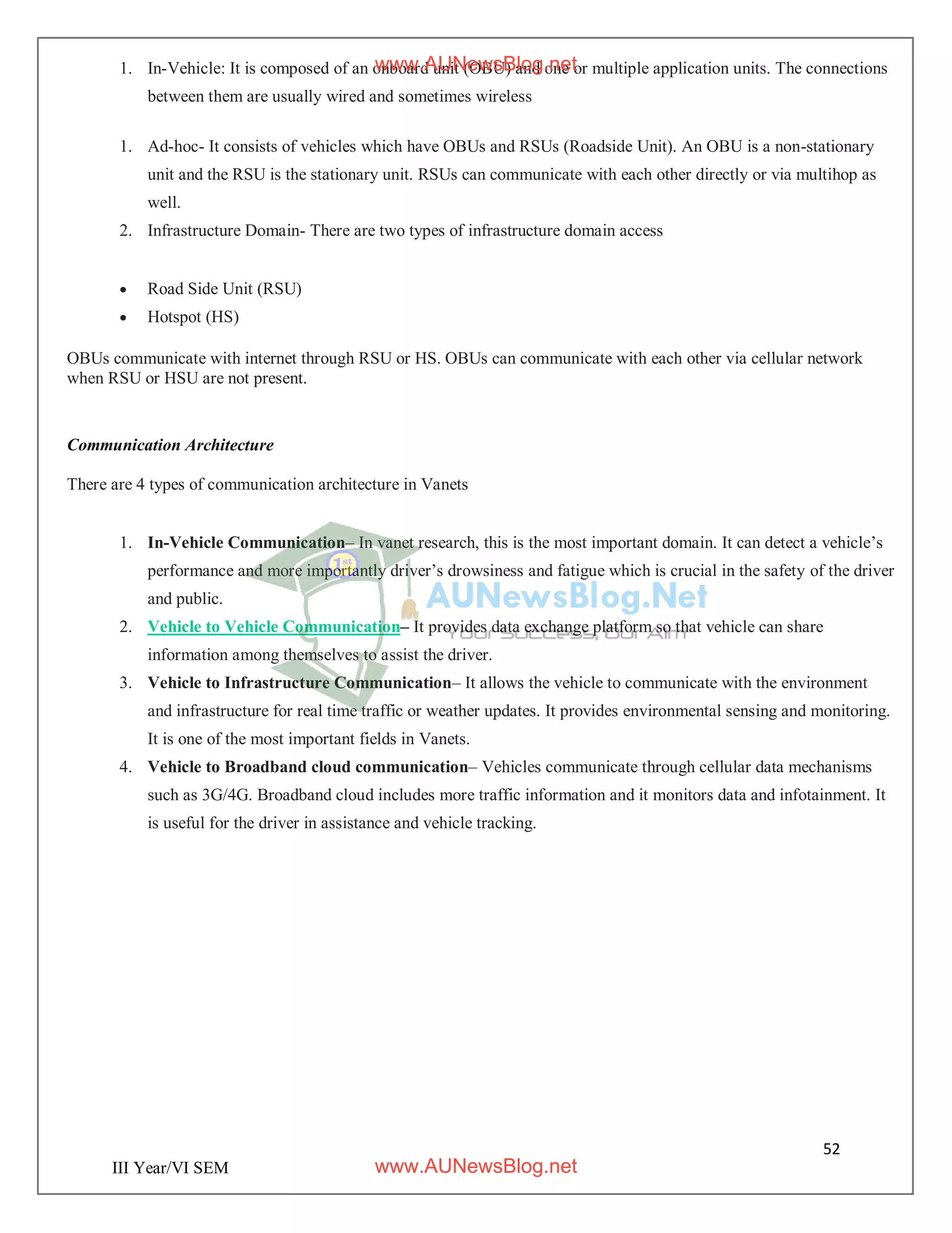 52
III Year/VI SEM
1. In-Vehicle: It is composed of an onboard unit (OBU) and one or multiple application units. The connections
between them are usually wired and sometimes wireless
1. Ad-hoc- It consists of vehicles which have OBUs and RSUs (Roadside Unit). An OBU is a non-stationary
unit and the RSU is the stationary unit. RSUs can communicate with each other directly or via multihop as
well.
2. Infrastructure Domain- There are two types of infrastructure domain access
 Road Side Unit (RSU)
 Hotspot (HS)
OBUs communicate with internet through RSU or HS. OBUs can communicate with each other via cellular network
when RSU or HSU are not present.
Communication Architecture
There are 4 types of communication architecture in Vanets
1. In-Vehicle Communication– In vanet research, this is the most important domain. It can detect a vehicle’s
performance and more importantly driver’s drowsiness and fatigue which is crucial in the safety of the driver
and public.
2. Vehicle to Vehicle Communication– It provides data exchange platform so that vehicle can share
information among themselves to assist the driver.
3. Vehicle to Infrastructure Communication– It allows the vehicle to communicate with the environment
and infrastructure for real time traffic or weather updates. It provides environmental sensing and monitoring.
It is one of the most important fields in Vanets.
4. Vehicle to Broadband cloud communication– Vehicles communicate through cellular data mechanisms
such as 3G/4G. Broadband cloud includes more traffic information and it monitors data and infotainment. It
is useful for the driver in assistance and vehicle tracking.
www.AUNewsBlog.net
www.AUNewsBlog.net
 