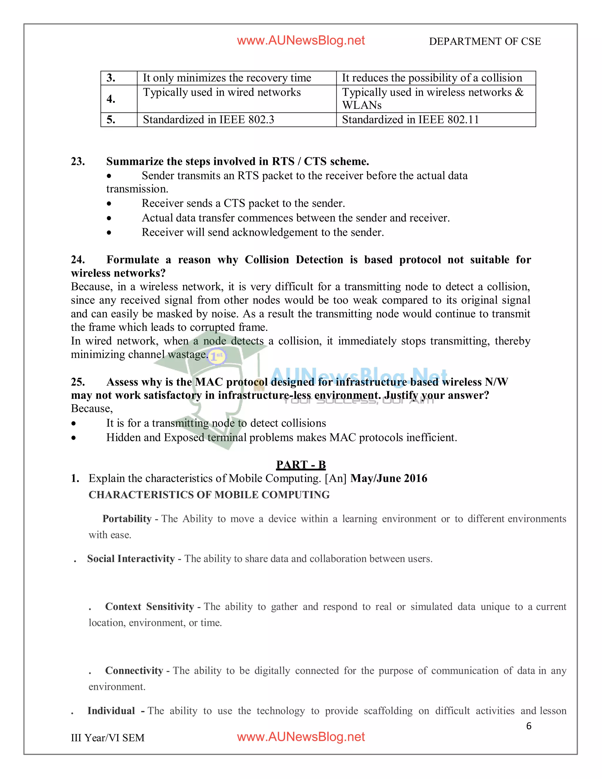 6
III Year/VI SEM
DEPARTMENT OF CSE
3. It only minimizes the recovery time It reduces the possibility of a collision
4.
Typically used in wired networks Typically used in wireless networks &
WLANs
5. Standardized in IEEE 802.3 Standardized in IEEE 802.11
23. Summarize the steps involved in RTS / CTS scheme.
 Sender transmits an RTS packet to the receiver before the actual data
transmission.
 Receiver sends a CTS packet to the sender.
 Actual data transfer commences between the sender and receiver.
 Receiver will send acknowledgement to the sender.
24. Formulate a reason why Collision Detection is based protocol not suitable for
wireless networks?
Because, in a wireless network, it is very difficult for a transmitting node to detect a collision,
since any received signal from other nodes would be too weak compared to its original signal
and can easily be masked by noise. As a result the transmitting node would continue to transmit
the frame which leads to corrupted frame.
In wired network, when a node detects a collision, it immediately stops transmitting, thereby
minimizing channel wastage.
25. Assess why is the MAC protocol designed for infrastructure based wireless N/W
may not work satisfactory in infrastructure-less environment. Justify your answer?
Because,
 It is for a transmitting node to detect collisions
 Hidden and Exposed terminal problems makes MAC protocols inefficient.
PART - B
1. Explain the characteristics of Mobile Computing. [An] May/June 2016
CHARACTERISTICS OF MOBILE COMPUTING
Portability - The Ability to move a device within a learning environment or to different environments
with ease.
. Social Interactivity - The ability to share data and collaboration between users.
. Context Sensitivity - The ability to gather and respond to real or simulated data unique to a current
location, environment, or time.
. Connectivity - The ability to be digitally connected for the purpose of communication of data in any
environment.
. Individual - The ability to use the technology to provide scaffolding on difficult activities and lesson
www.AUNewsBlog.net
www.AUNewsBlog.net
 