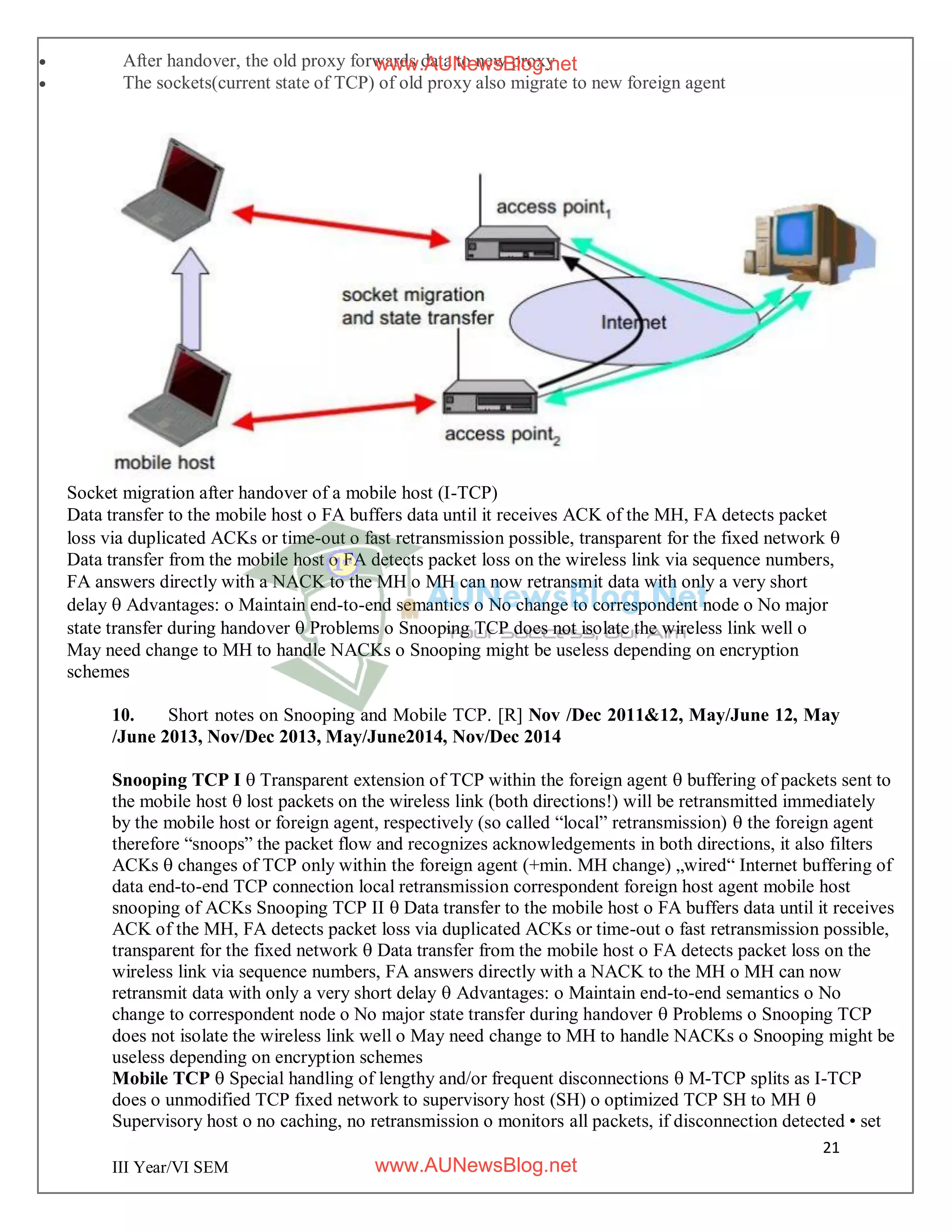 21
III Year/VI SEM
 After handover, the old proxy forwards data to new proxy
 The sockets(current state of TCP) of old proxy also migrate to new foreign agent
Socket migration after handover of a mobile host (I-TCP)
Data transfer to the mobile host o FA buffers data until it receives ACK of the MH, FA detects packet
loss via duplicated ACKs or time-out o fast retransmission possible, transparent for the fixed network 
Data transfer from the mobile host o FA detects packet loss on the wireless link via sequence numbers,
FA answers directly with a NACK to the MH o MH can now retransmit data with only a very short
delay  Advantages: o Maintain end-to-end semantics o No change to correspondent node o No major
state transfer during handover  Problems o Snooping TCP does not isolate the wireless link well o
May need change to MH to handle NACKs o Snooping might be useless depending on encryption
schemes
10. Short notes on Snooping and Mobile TCP. [R] Nov /Dec 2011&12, May/June 12, May
/June 2013, Nov/Dec 2013, May/June2014, Nov/Dec 2014
Snooping TCP I  Transparent extension of TCP within the foreign agent  buffering of packets sent to
the mobile host  lost packets on the wireless link (both directions!) will be retransmitted immediately
by the mobile host or foreign agent, respectively (so called “local” retransmission)  the foreign agent
therefore “snoops” the packet flow and recognizes acknowledgements in both directions, it also filters
ACKs  changes of TCP only within the foreign agent (+min. MH change) „wired“ Internet buffering of
data end-to-end TCP connection local retransmission correspondent foreign host agent mobile host
snooping of ACKs Snooping TCP II  Data transfer to the mobile host o FA buffers data until it receives
ACK of the MH, FA detects packet loss via duplicated ACKs or time-out o fast retransmission possible,
transparent for the fixed network  Data transfer from the mobile host o FA detects packet loss on the
wireless link via sequence numbers, FA answers directly with a NACK to the MH o MH can now
retransmit data with only a very short delay  Advantages: o Maintain end-to-end semantics o No
change to correspondent node o No major state transfer during handover  Problems o Snooping TCP
does not isolate the wireless link well o May need change to MH to handle NACKs o Snooping might be
useless depending on encryption schemes
Mobile TCP  Special handling of lengthy and/or frequent disconnections  M-TCP splits as I-TCP
does o unmodified TCP fixed network to supervisory host (SH) o optimized TCP SH to MH 
Supervisory host o no caching, no retransmission o monitors all packets, if disconnection detected • set
www.AUNewsBlog.net
www.AUNewsBlog.net
 