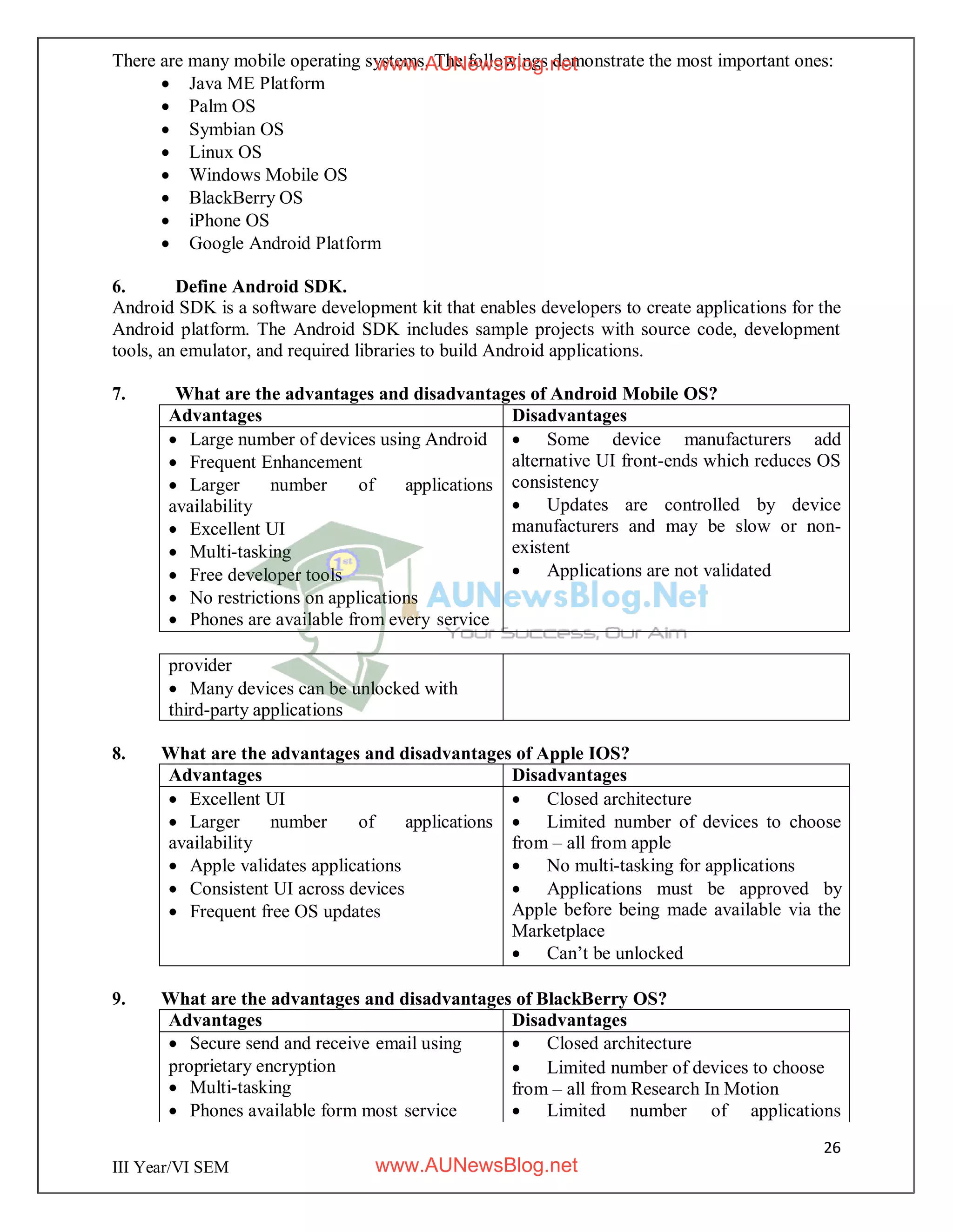26
III Year/VI SEM
There are many mobile operating systems. The followings demonstrate the most important ones:
 Java ME Platform
 Palm OS
 Symbian OS
 Linux OS
 Windows Mobile OS
 BlackBerry OS
 iPhone OS
 Google Android Platform
6. Define Android SDK.
Android SDK is a software development kit that enables developers to create applications for the
Android platform. The Android SDK includes sample projects with source code, development
tools, an emulator, and required libraries to build Android applications.
7. What are the advantages and disadvantages of Android Mobile OS?
Advantages Disadvantages
 Large number of devices using Android
 Frequent Enhancement
 Larger number of applications
availability
 Excellent UI
 Multi-tasking
 Free developer tools
 No restrictions on applications
 Phones are available from every service
 Some device manufacturers add
alternative UI front-ends which reduces OS
consistency
 Updates are controlled by device
manufacturers and may be slow or non-
existent
 Applications are not validated
provider
 Many devices can be unlocked with
third-party applications
8. What are the advantages and disadvantages of Apple IOS?
Advantages Disadvantages
 Excellent UI
 Larger number of applications
availability
 Apple validates applications
 Consistent UI across devices
 Frequent free OS updates
 Closed architecture
 Limited number of devices to choose
from – all from apple
 No multi-tasking for applications
 Applications must be approved by
Apple before being made available via the
Marketplace
 Can’t be unlocked
9. What are the advantages and disadvantages of BlackBerry OS?
Advantages Disadvantages
 Secure send and receive email using  Closed architecture
proprietary encryption
 Multi-tasking
 Limited number of devices to choose
from – all from Research In Motion
 Phones available form most service  Limited number of applications
www.AUNewsBlog.net
www.AUNewsBlog.net
 