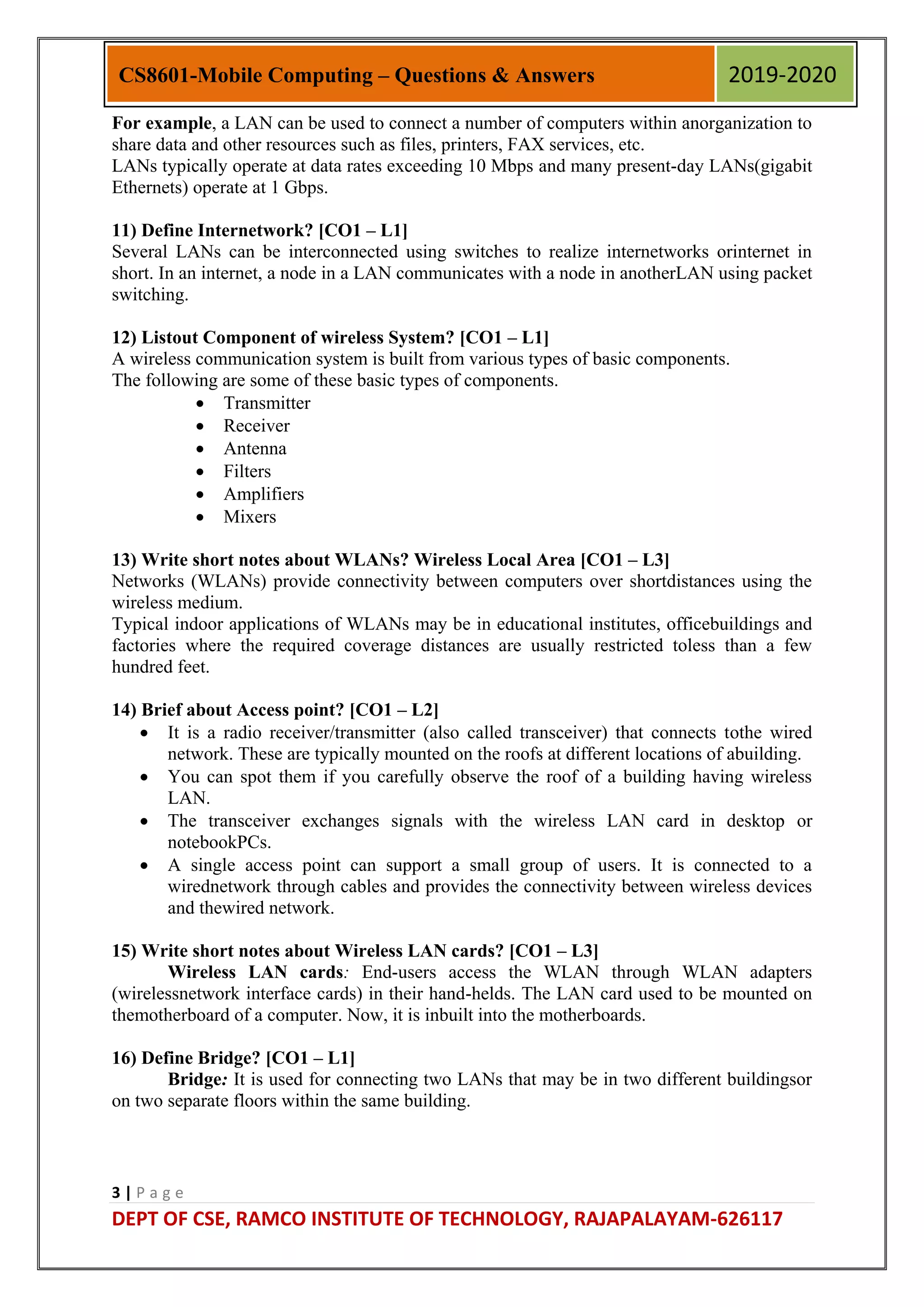 CS8601 mobile computing Two marks Questions and Answer | PDF