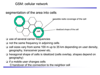 possible radio coverage of the cell
idealized shape of the cell
cell
segmentation of the area into cells
GSM: cellular network
❑ use of several carrier frequencies
❑ not the same frequency in adjoining cells
❑ cell sizes vary from some 100 m up to 35 km depending on user density,
geography, transceiver power etc.
❑ hexagonal shape of cells is idealized (cells overlap, shapes depend on
geography)
❑ if a mobile user changes cells
handover of the connection to the neighbor cell
 