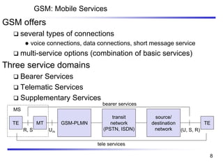 GSM: Mobile Services
GSM offers
❑ several types of connections
⚫ voice connections, data connections, short message service
❑ multi-service options (combination of basic services)
Three service domains
❑ Bearer Services
❑ Telematic Services
❑ Supplementary Services
GSM-PLMN
transit
network
(PSTN, ISDN)
source/
destination
network
TE TE
bearer services
tele services
R, S (U, S, R)Um
MT
MS
8
 