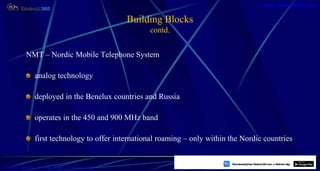 Building Blocks
contd.
NMT – Nordic Mobile Telephone System
analog technology
deployed in the Benelux countries and Russia
operates in the 450 and 900 MHz band
first technology to offer international roaming – only within the Nordic countries
24
https://play.google.com/store/apps/details?id=com.sss.edubuzz360
www.edubuzz360.com
 