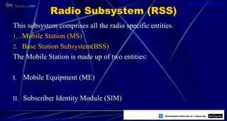 Radio Subsystem (RSS)
This subsystem comprises all the radio specific entities.
1. Mobile Station (MS)
2. Base Station Subsystem(BSS)
The Mobile Station is made up of two entities:
I. Mobile Equipment (ME)
II. Subscriber Identity Module (SIM)
31
https://play.google.com/store/apps/details?id=com.sss.edubuzz360
www.edubuzz360.com
 