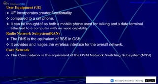 User Equipment (UE)
 UE incorporates greater functionality
 compared to a cell phone.
 It can be thought of as both a mobile phone used for talking and a data terminal
attached to a computer with no voce capability.
Radio Network Subsystem(RAN)
 The RNS is the equivalent of BSS in GSM.
 It provides and mages the wireless interface for the overall network.
Core Network
 The Core network is the equivalent of the GSM Network Switching Subsystem(NSS)
54
https://play.google.com/store/apps/details?id=com.sss.edubuzz360
www.edubuzz360.com
 