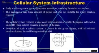 Cellular System Infrastructure
• Early wireless systems had a high-power transmitter, covering the entire service area.
• This required a very huge amount of power and was not suitable for many practical
reasons.
• The cellular system replaced a large zone with a number of smaller hexagonal cells with a
single BS (base station) covering a fraction of the area.
• Evolution of such a cellular system is shown in the given figures, with all wireless
receivers located in a cell being served by a BS.
6
https://play.google.com/store/apps/details?id=com.sss.edubuzz360
www.edubuzz360.com
 