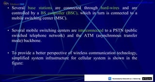 • Several base stations are connected through hard-wires and are
controlled by a BS controller (BSC), which in turn is connected to a
mobile switching center (MSC).
• Several mobile switching centers are interconnected to a PSTN (public
switched telephone network) and the ATM (asynchronous transfer
mode) backbone.
• To provide a better perspective of wireless communication technology,
simplified system infrastructure for cellular system is shown in the
figure:
8
https://play.google.com/store/apps/details?id=com.sss.edubuzz360
www.edubuzz360.com
 