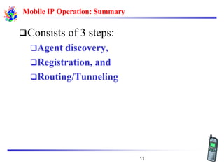 Mobile IP Operation: Summary
❑Consists of 3 steps:
❑Agent discovery,
❑Registration, and
❑Routing/Tunneling
11
 