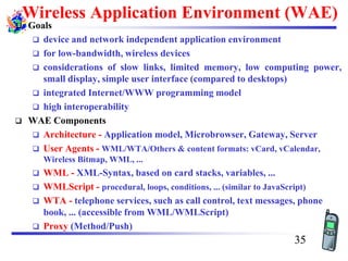 Wireless Application Environment (WAE)
❑ Goals
❑ device and network independent application environment
❑ for low-bandwidth, wireless devices
❑ considerations of slow links, limited memory, low computing power,
small display, simple user interface (compared to desktops)
❑ integrated Internet/WWW programming model
❑ high interoperability
❑ WAE Components
❑ Architecture - Application model, Microbrowser, Gateway, Server
❑ User Agents - WML/WTA/Others & content formats: vCard, vCalendar,
Wireless Bitmap, WML, ...
❑ WML - XML-Syntax, based on card stacks, variables, ...
❑ WMLScript - procedural, loops, conditions, ... (similar to JavaScript)
❑ WTA - telephone services, such as call control, text messages, phone
book, ... (accessible from WML/WMLScript)
❑ Proxy (Method/Push)
35
 