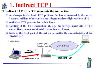 1. Indirect TCP I
❑ Indirect TCP or I-TCP segments the connection
❑ no changes to the basic TCP protocol for hosts connected to the wired
Internet, millions of computers use this protocol (or slight variants of it)
❑ optimized TCP protocol for mobile hosts
❑ splitting of the TCP connection at, e.g., the foreign agent into 2 TCP
connections, no real end-to-end connection any longer
❑ hosts in the fixed part of the net do not notice the characteristics of the
wireless part
mobile host
access point
(foreign agent) „wired“ Internet
„wireless“ TCP standard TCP
8
 