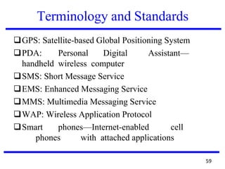 Terminology and Standards
❑GPS: Satellite-based Global Positioning System
❑PDA: Personal Digital Assistant—
handheld wireless computer
❑SMS: Short Message Service
❑EMS: Enhanced Messaging Service
❑MMS: Multimedia Messaging Service
❑WAP: Wireless Application Protocol
❑Smart phones—Internet-enabled cell
phones with attached applications
59
 