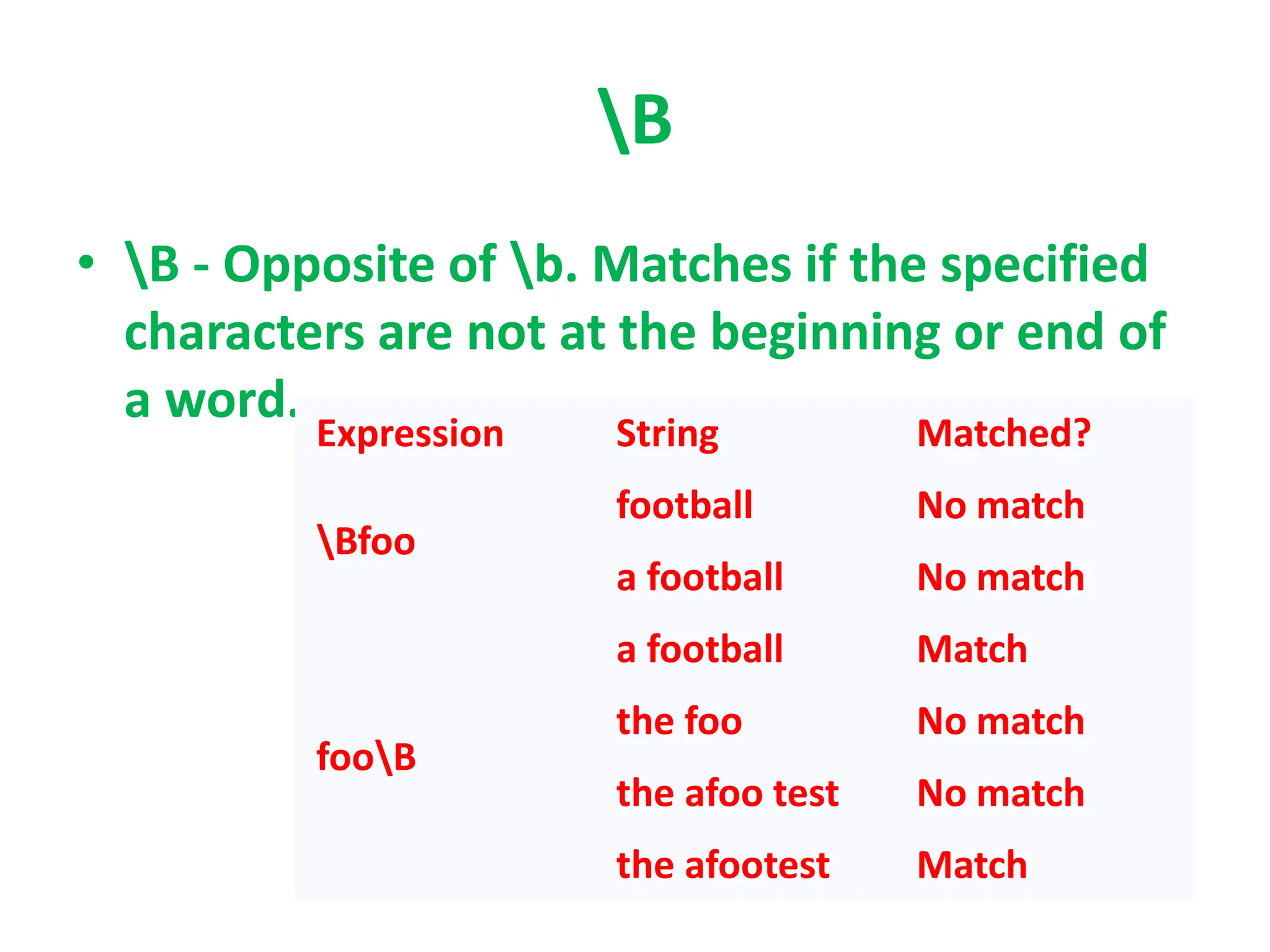B
• B - Opposite of b. Matches if the specified
characters are not at the beginning or end of
a word.
Expression String Matched?
Bfoo
football No match
a football No match
fooB
a football Match
the foo No match
the afoo test No match
the afootest Match
 