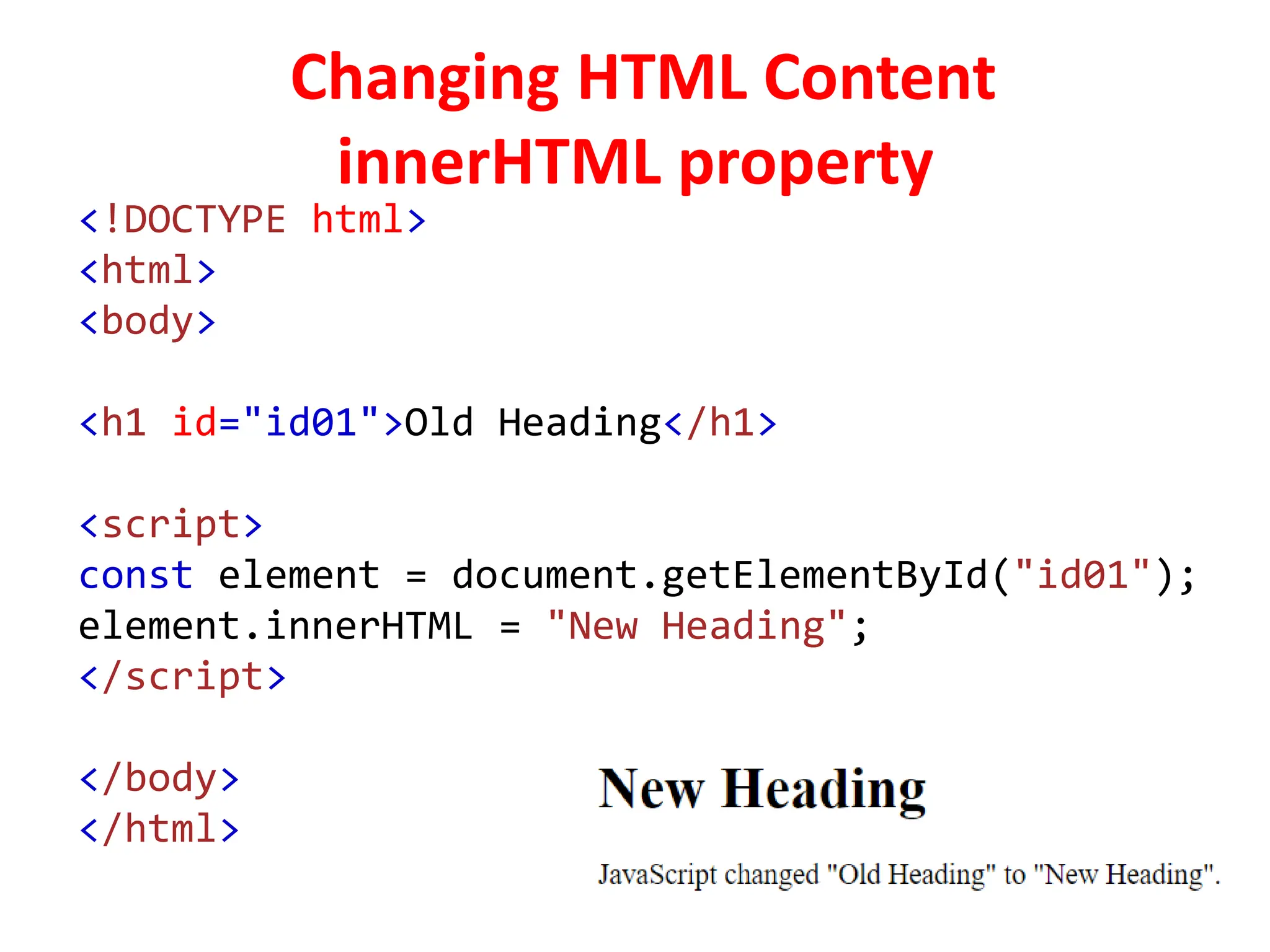 Changing HTML Content
innerHTML property
<!DOCTYPE html>
<html>
<body>
<h1 id="id01">Old Heading</h1>
<script>
const element = document.getElementById("id01");
element.innerHTML = "New Heading";
</script>
</body>
</html>
 