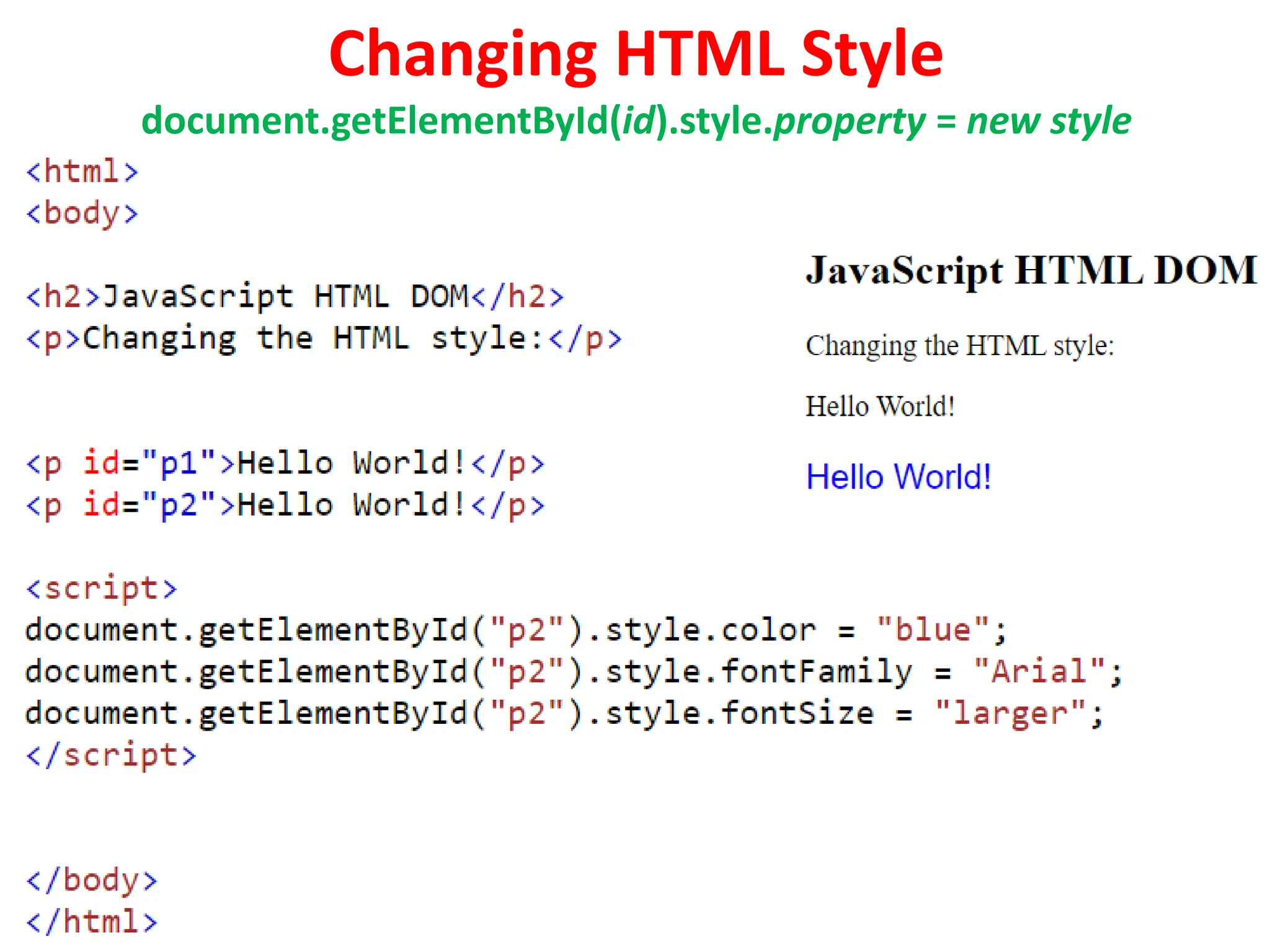 Changing HTML Style
document.getElementById(id).style.property = new style
 