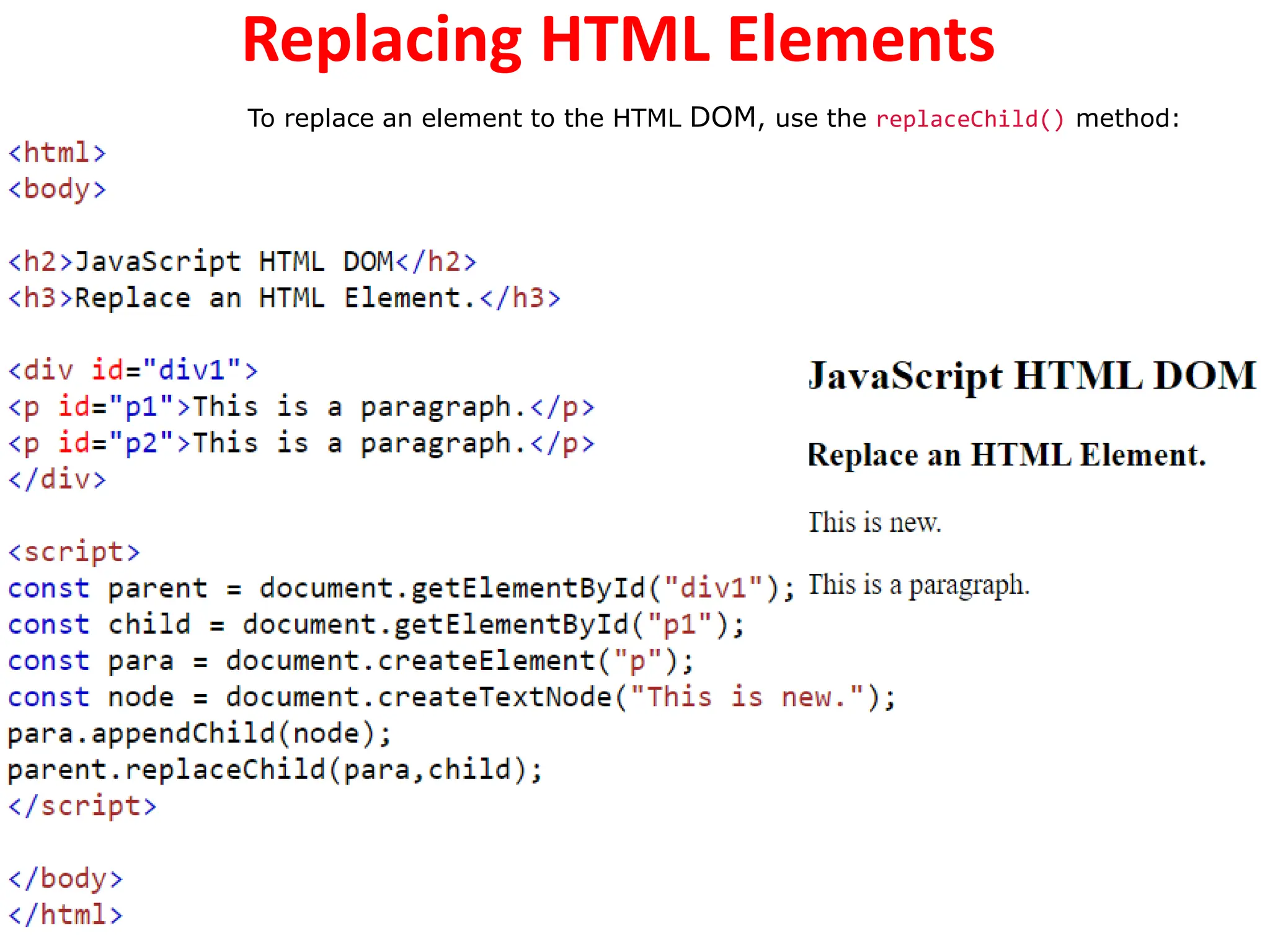 Replacing HTML Elements
To replace an element to the HTML DOM, use the replaceChild() method:
 