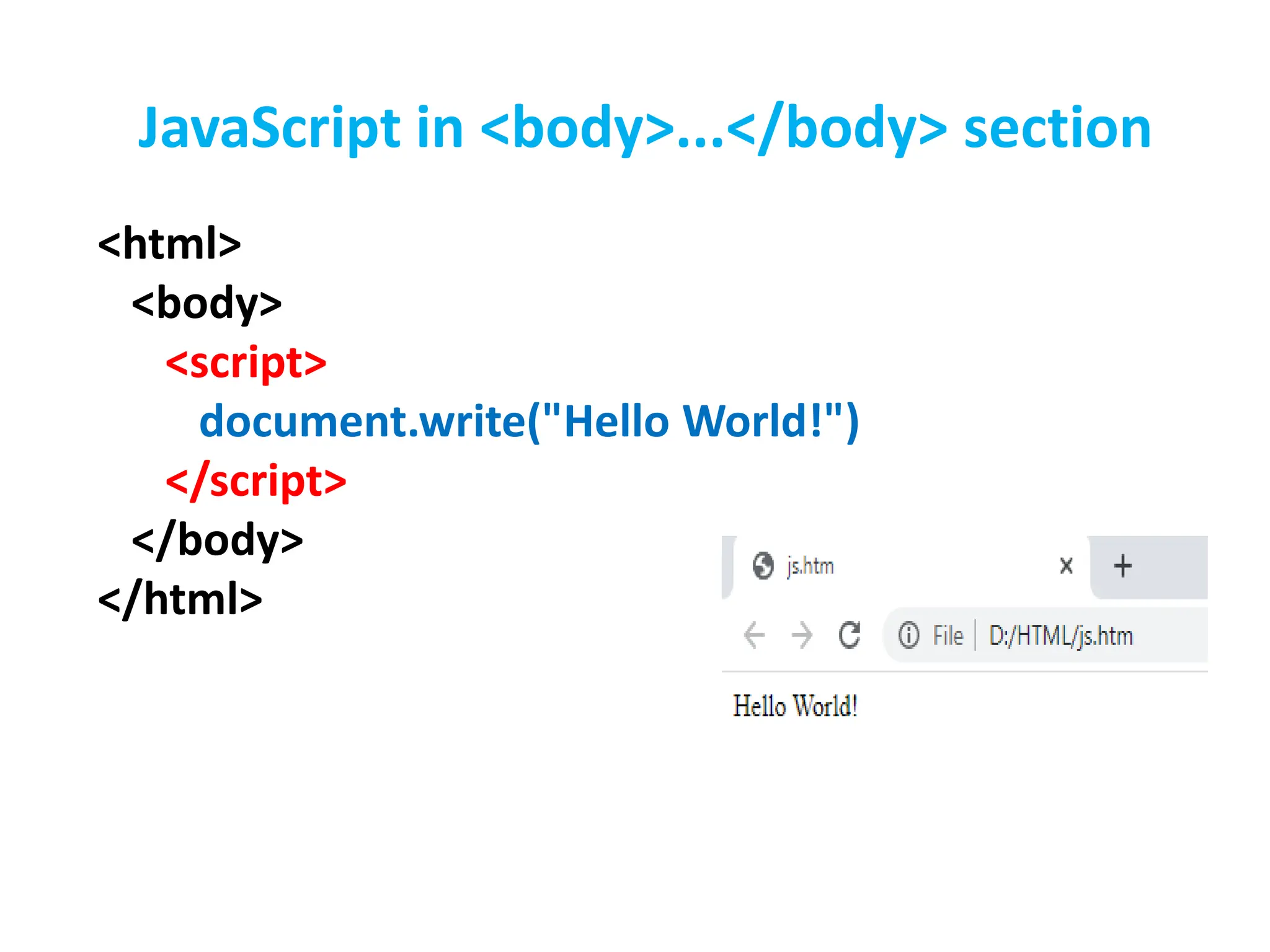 <html>
<body>
<script>
document.write("Hello World!")
</script>
</body>
</html>
JavaScript in <body>...</body> section
 